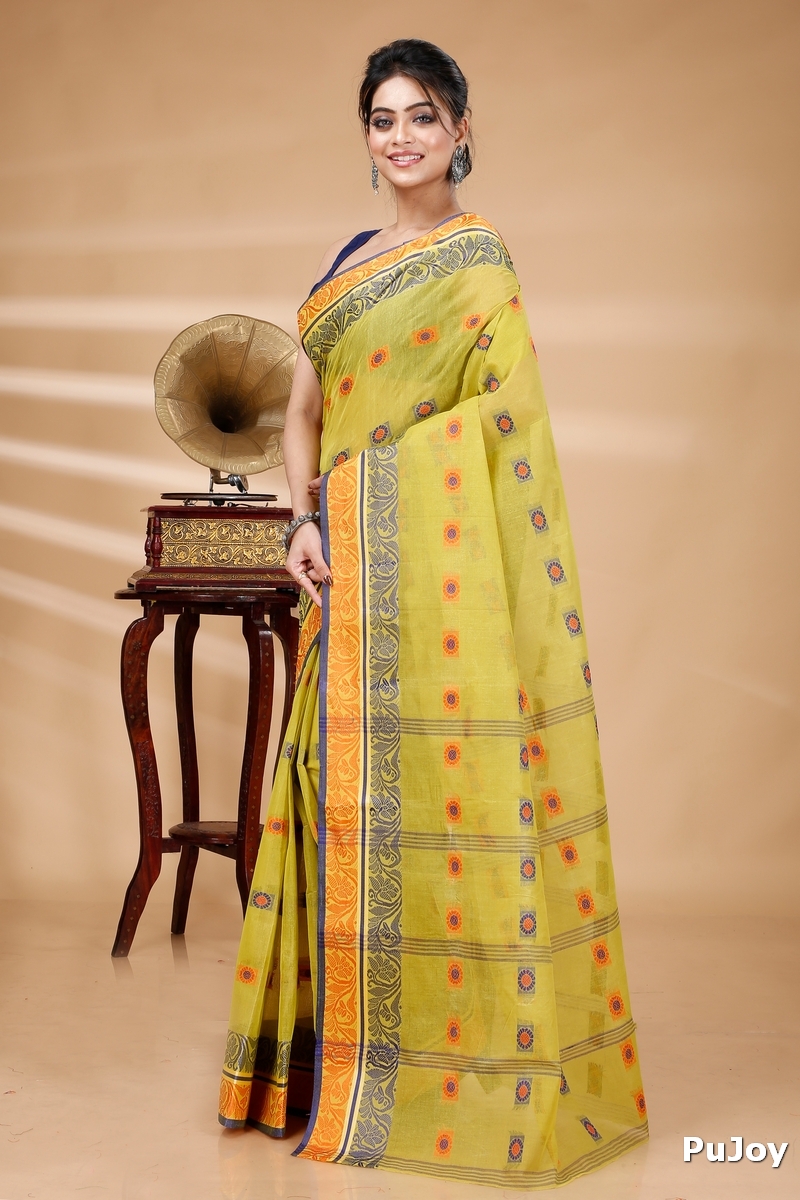 Mastered Yellow Pure Cotton Pushti Desiging Tant Saree (232)