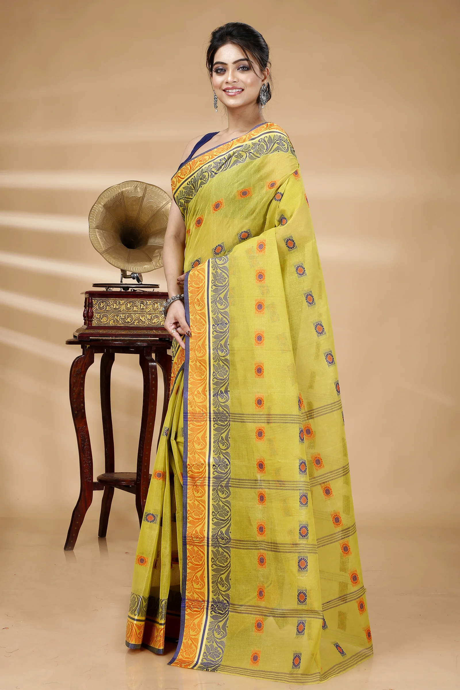 Mastered Yellow Pure Cotton Pushti Desiging Tant Saree (232)