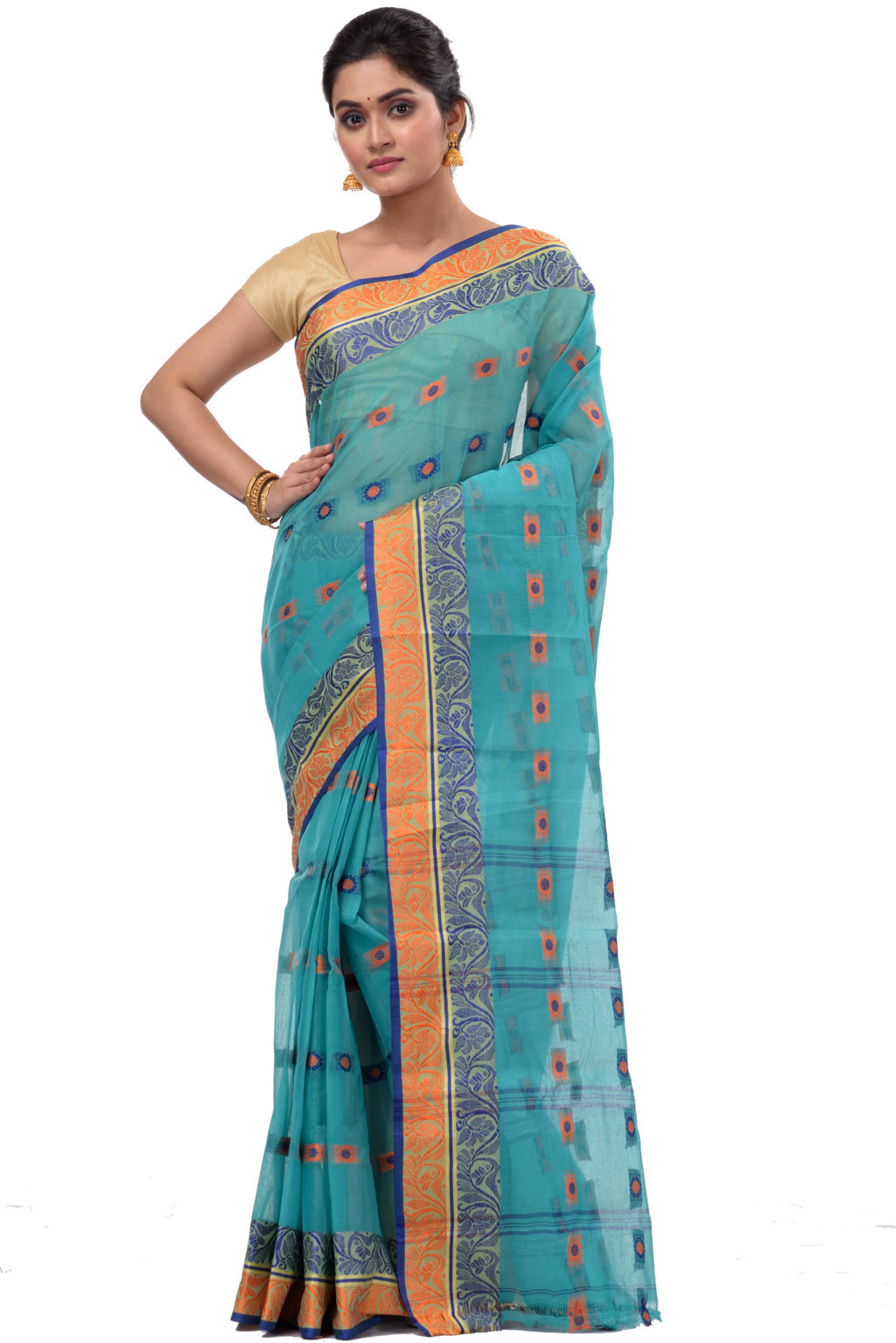 Green Pure Cotton Pushti Desiging Tant Saree (233)