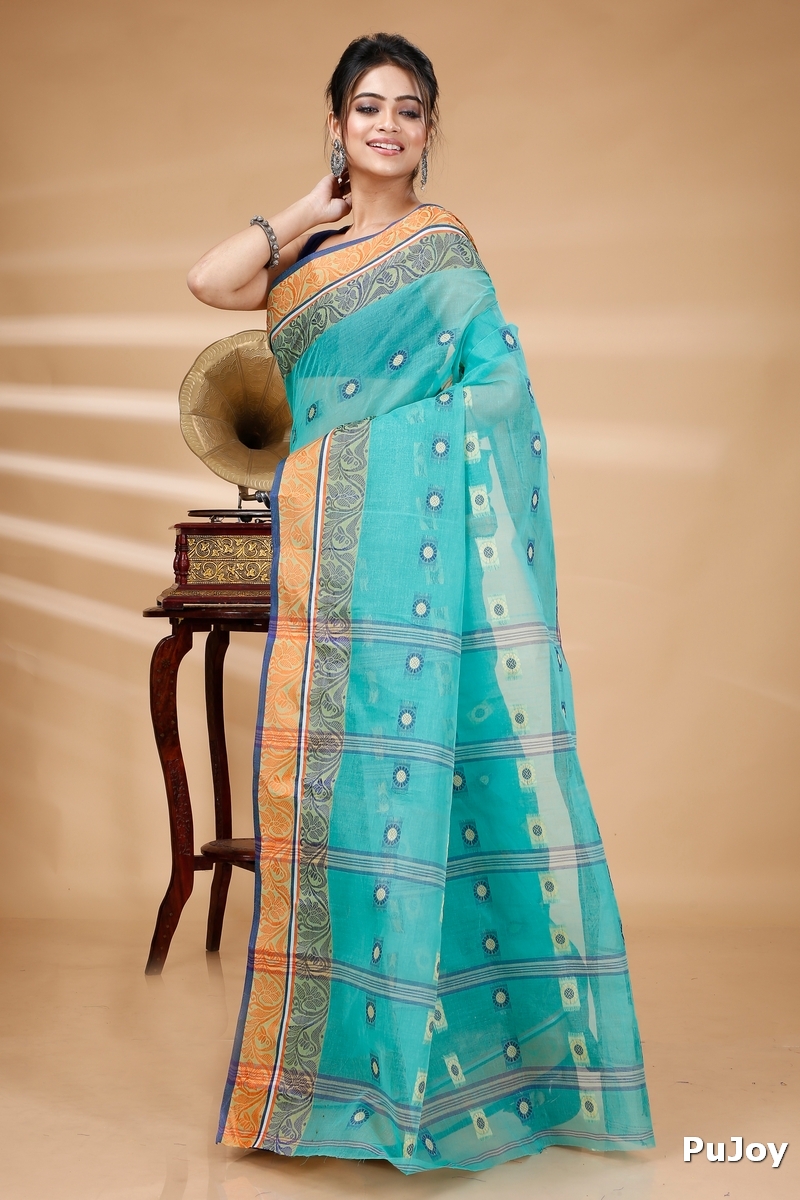 Green Pure Cotton Pushti Desiging Tant Saree (233)