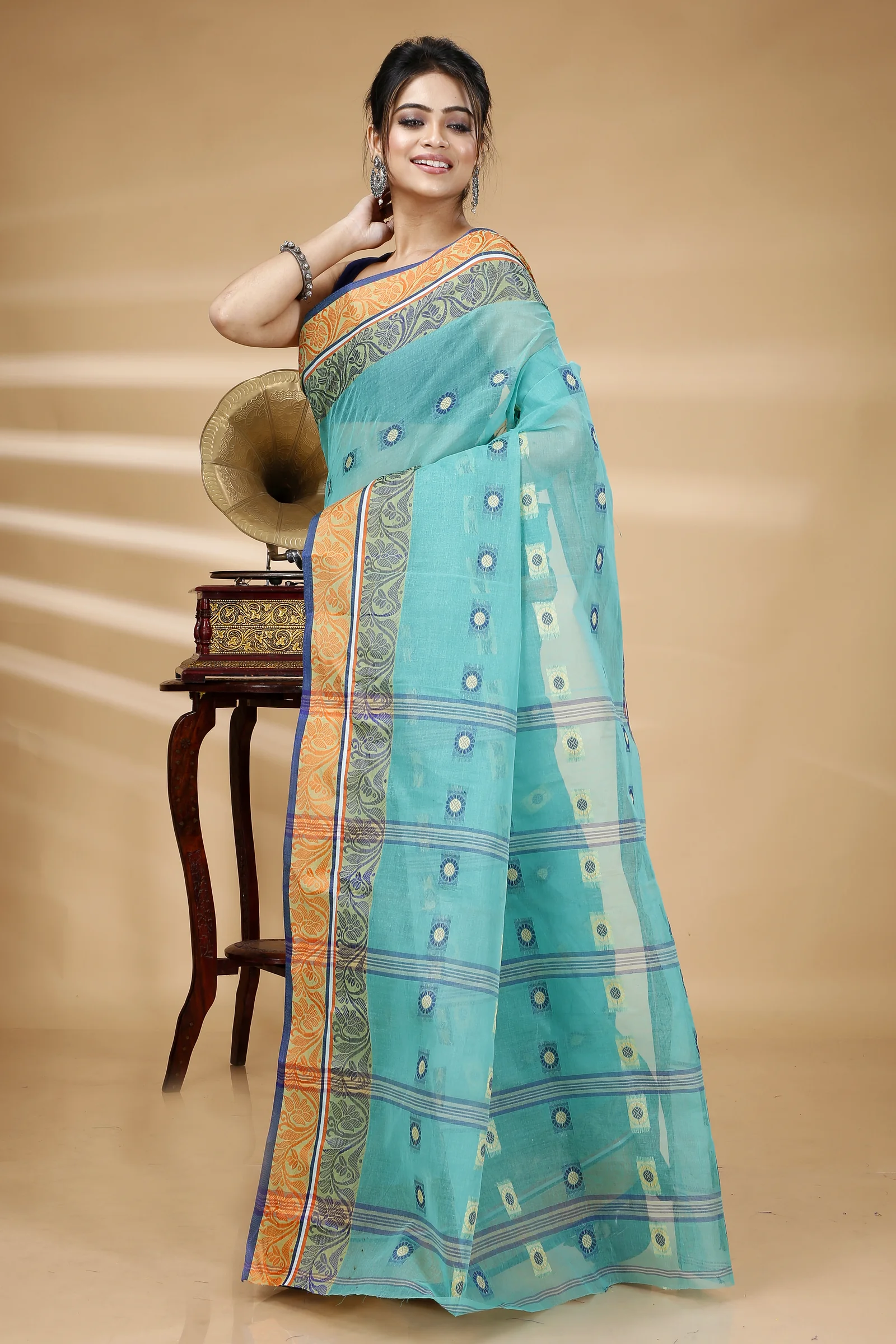 Green Pure Cotton Pushti Desiging Tant Saree (233)