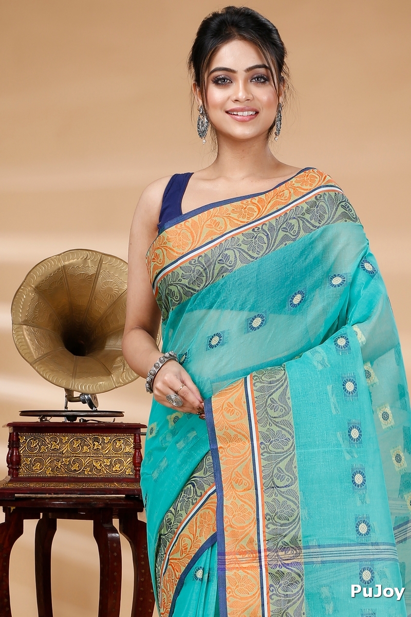 Green Pure Cotton Pushti Desiging Tant Saree (233)