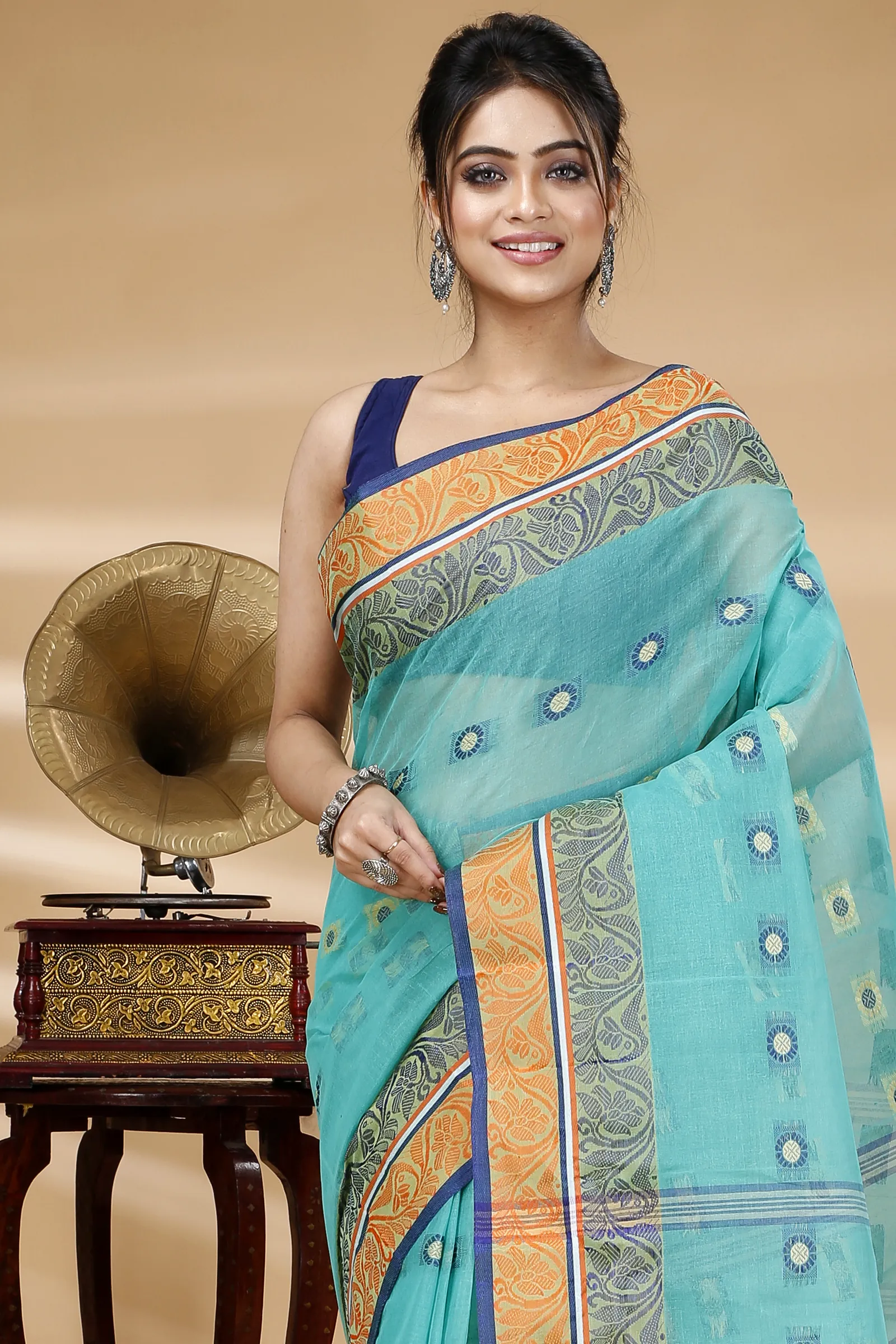 Green Pure Cotton Pushti Desiging Tant Saree (233)