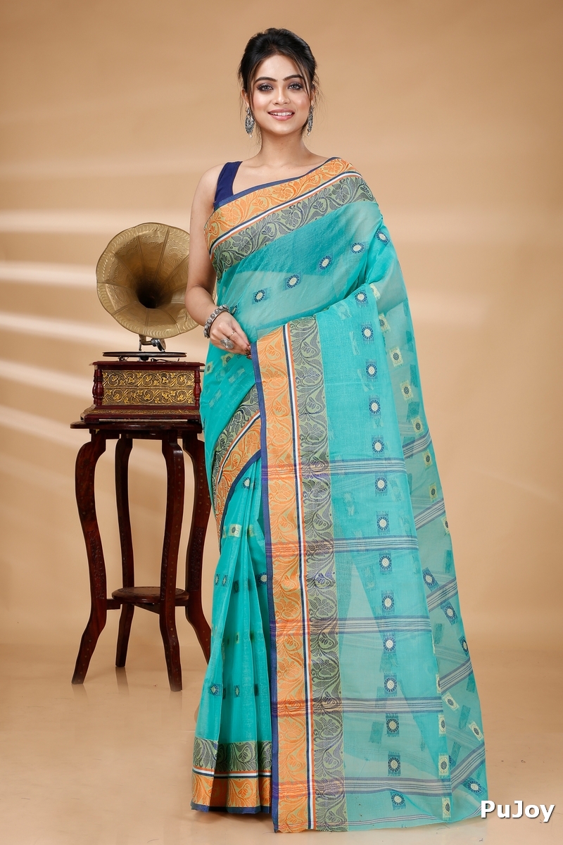 Green Pure Cotton Pushti Desiging Tant Saree (233)