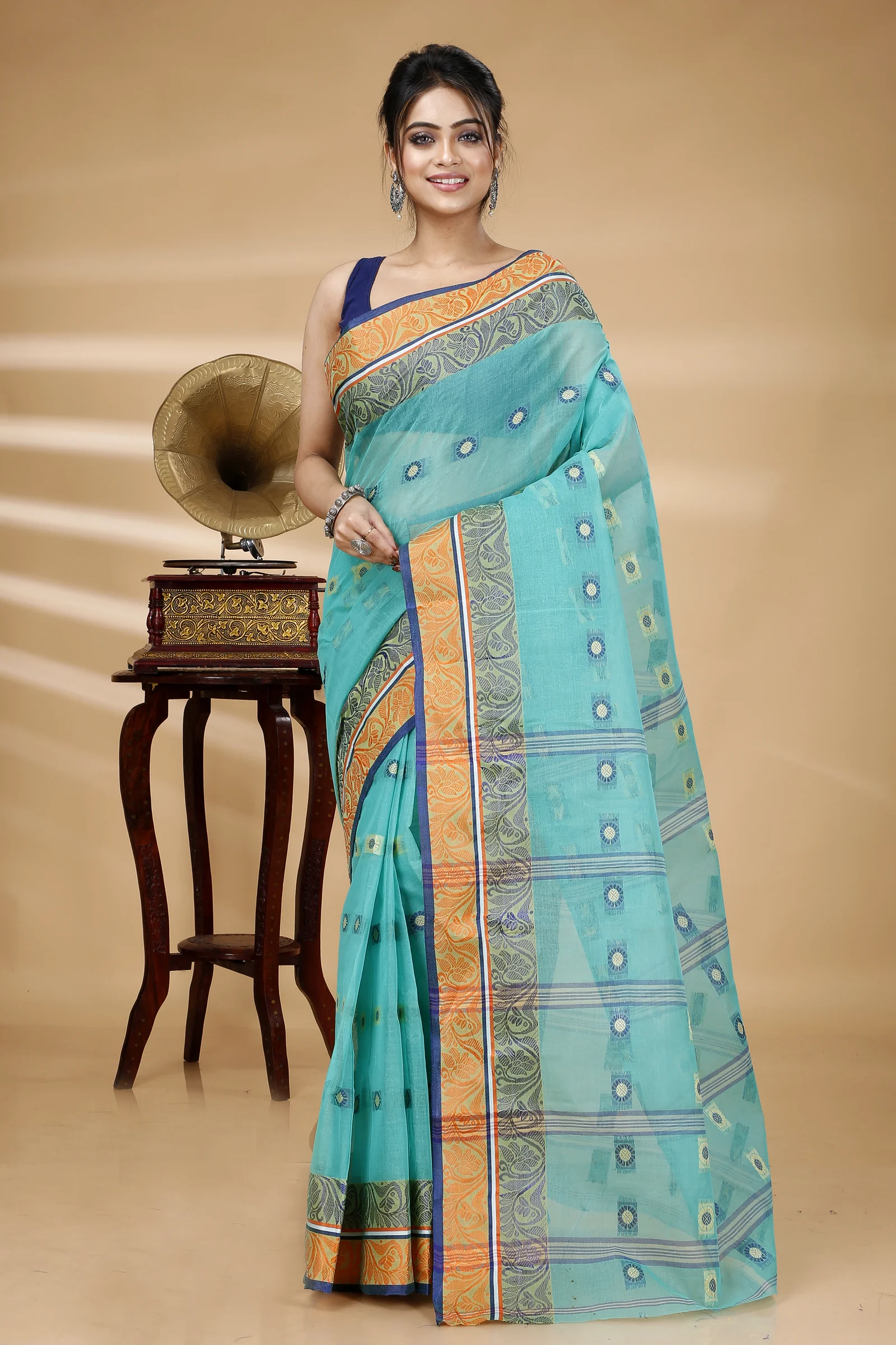 Green Pure Cotton Pushti Desiging Tant Saree (233)