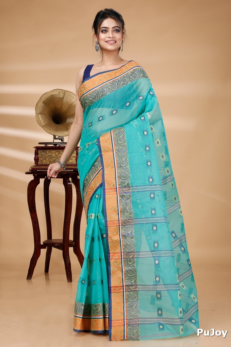 Green Pure Cotton Pushti Desiging Tant Saree (233)