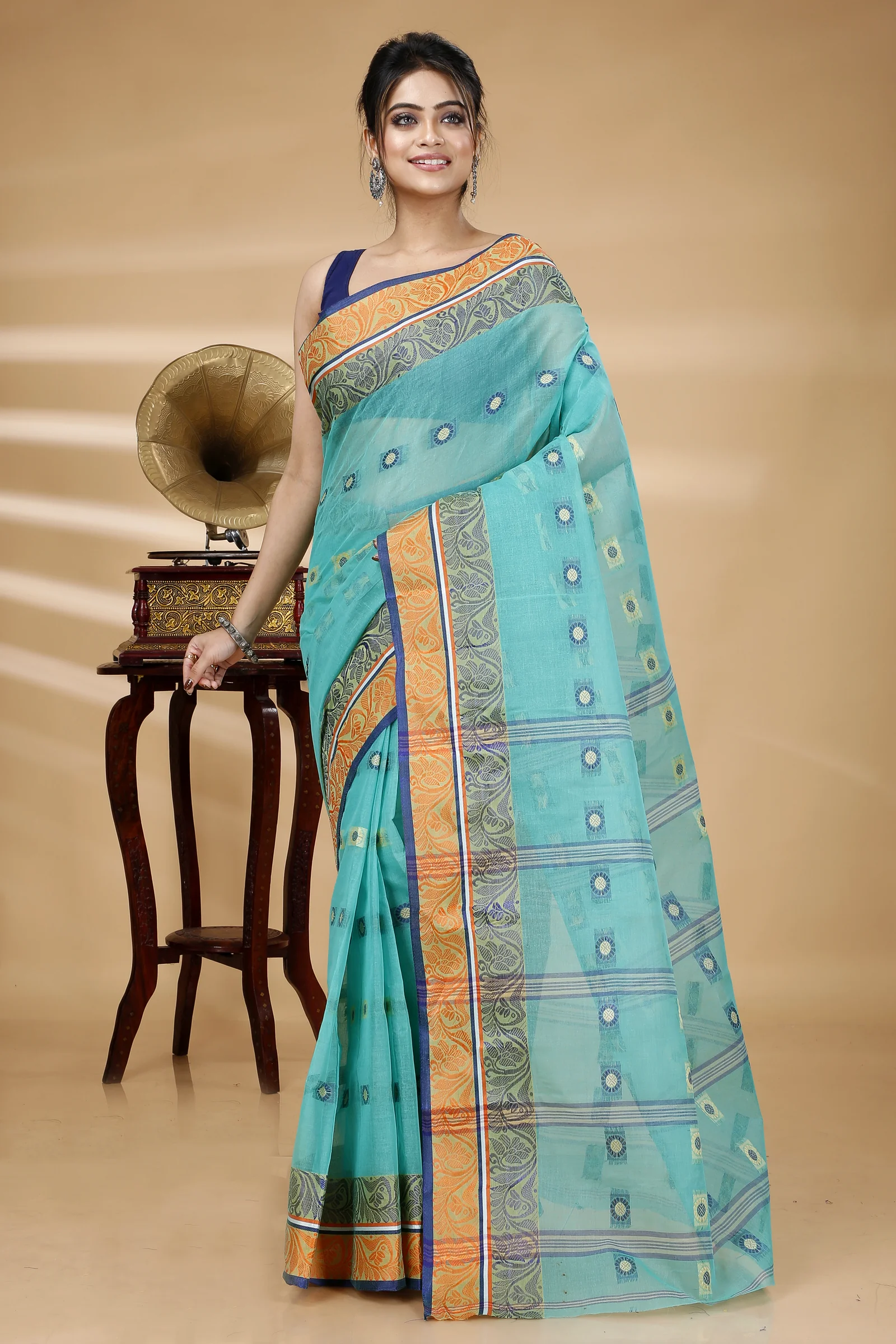 Green Pure Cotton Pushti Desiging Tant Saree (233)