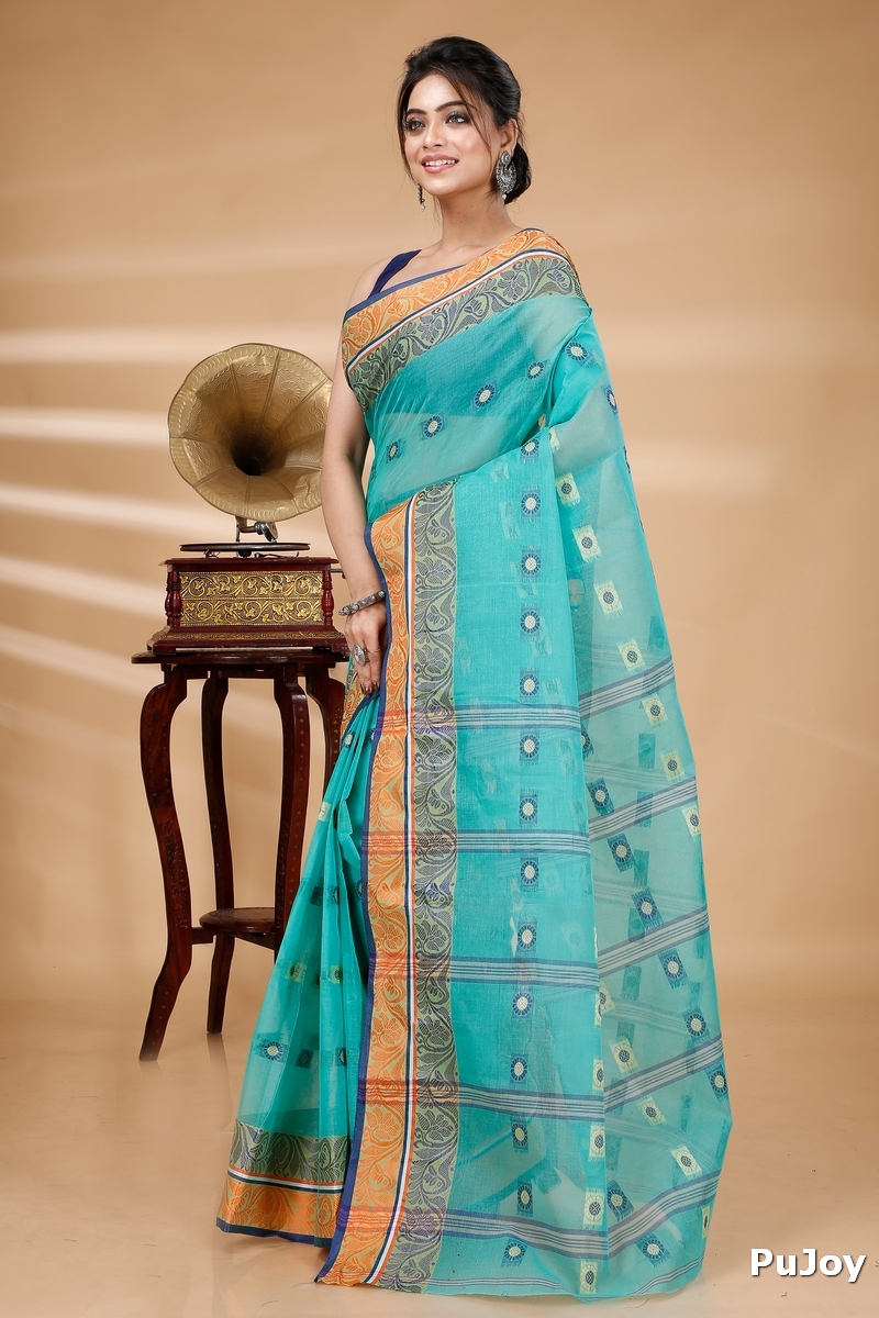 Green Pure Cotton Pushti Desiging Tant Saree (233)