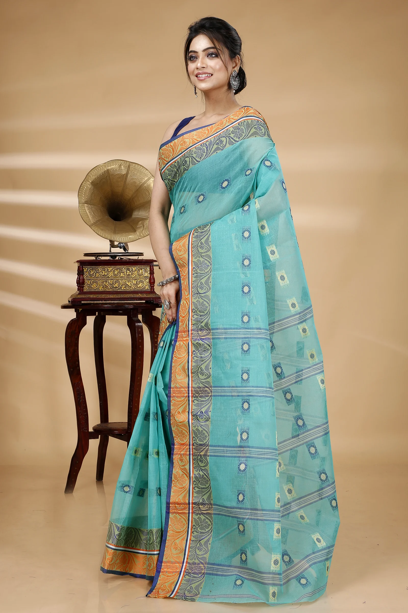 Green Pure Cotton Pushti Desiging Tant Saree (233)