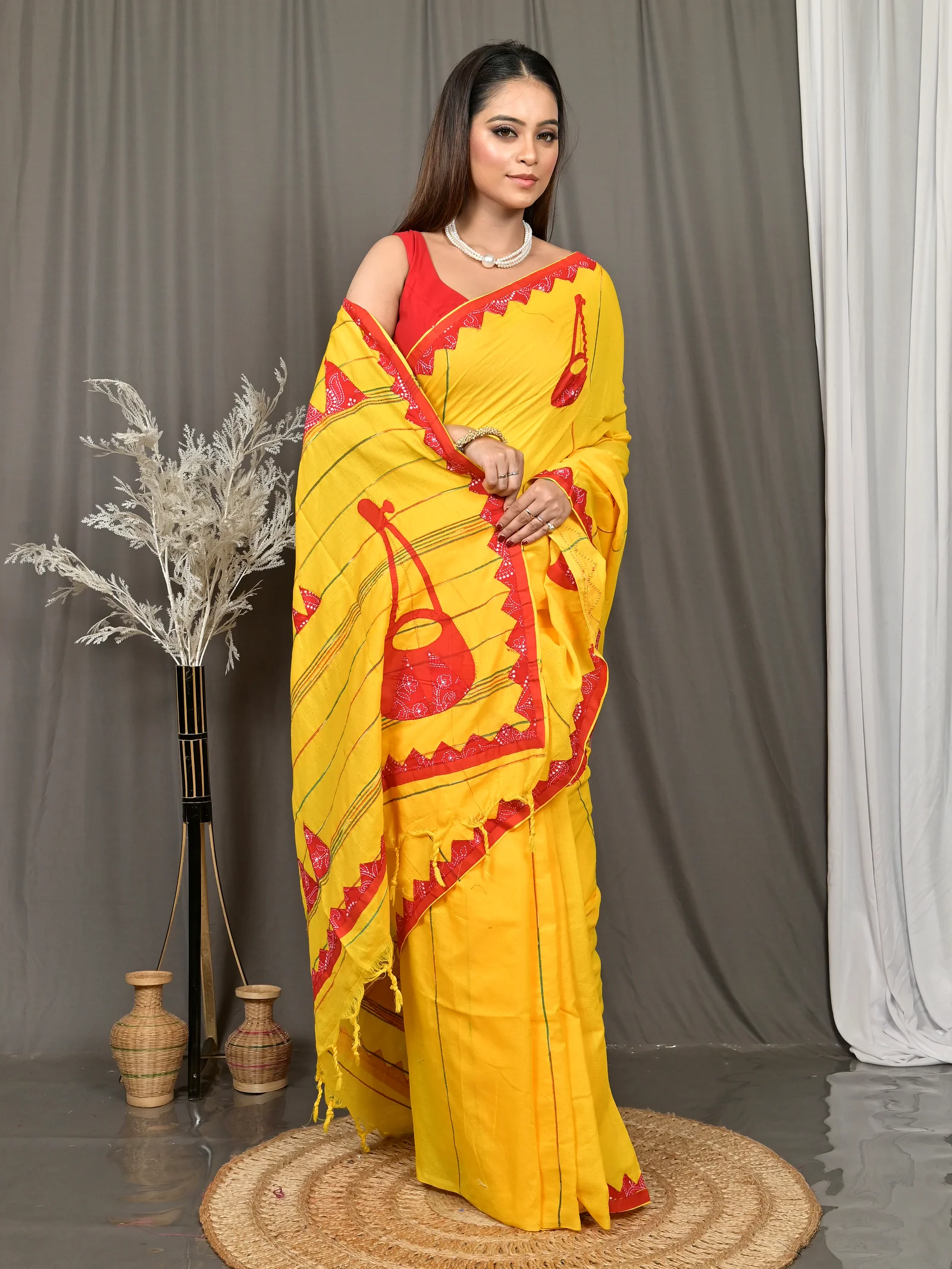 Yellow Red Cotton Ektara Applique Saree  (25)