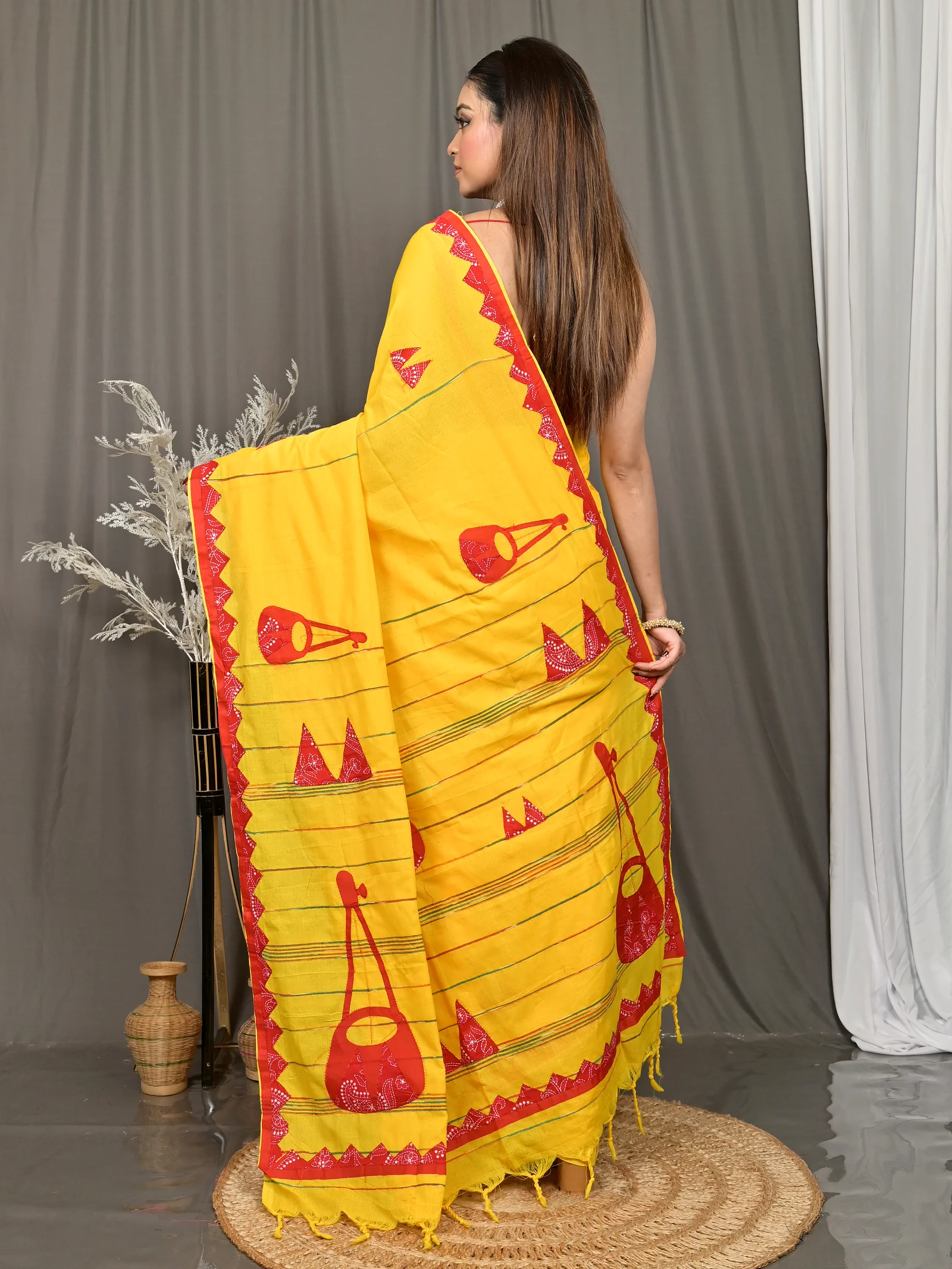 Yellow Red Cotton Ektara Applique Saree  (25)