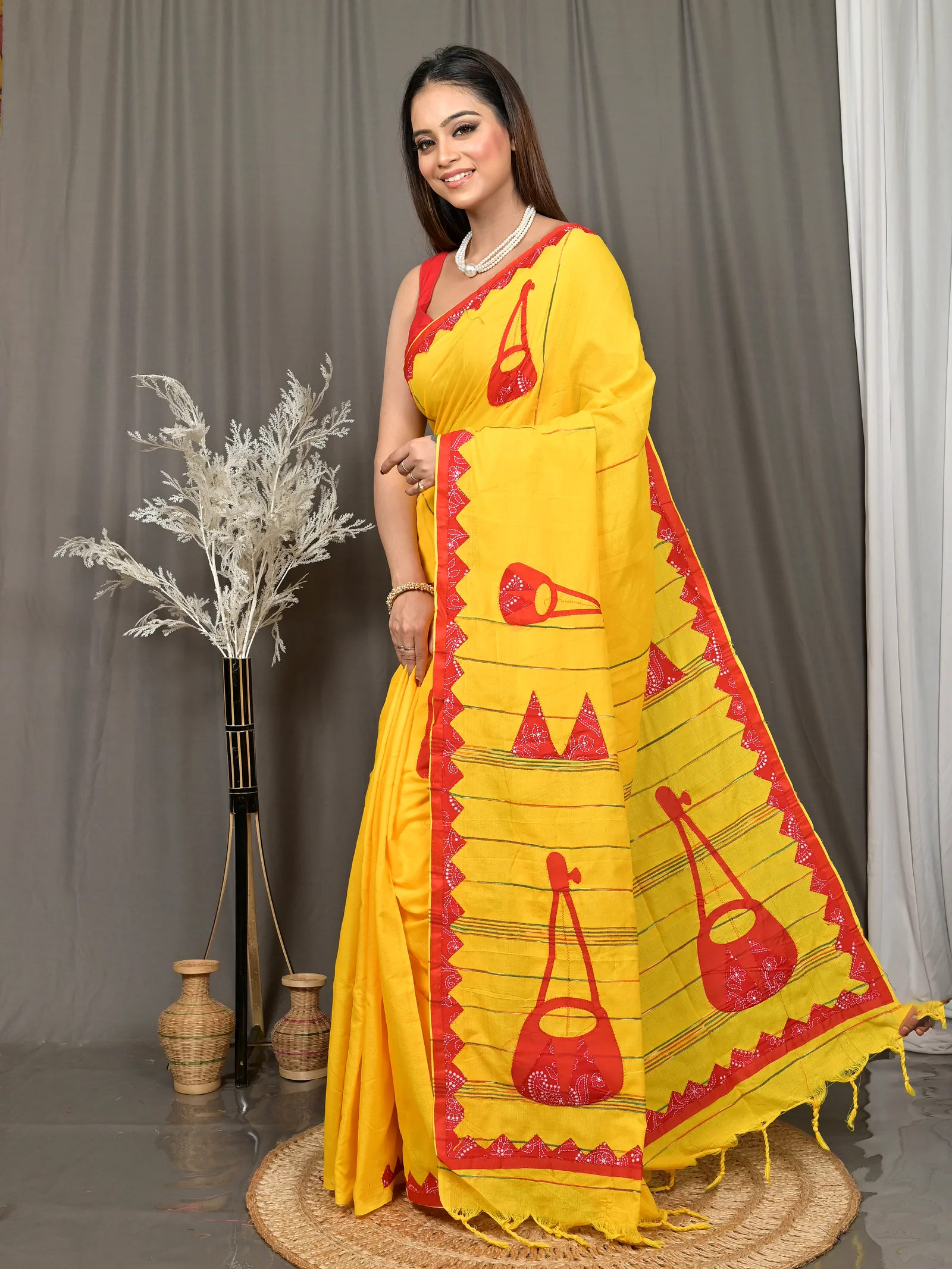 Yellow Red Cotton Ektara Applique Saree  (25)