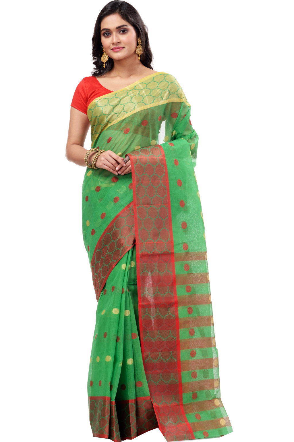 Green Pure Cotton Ganga Jamuna Tant Saree (2558)