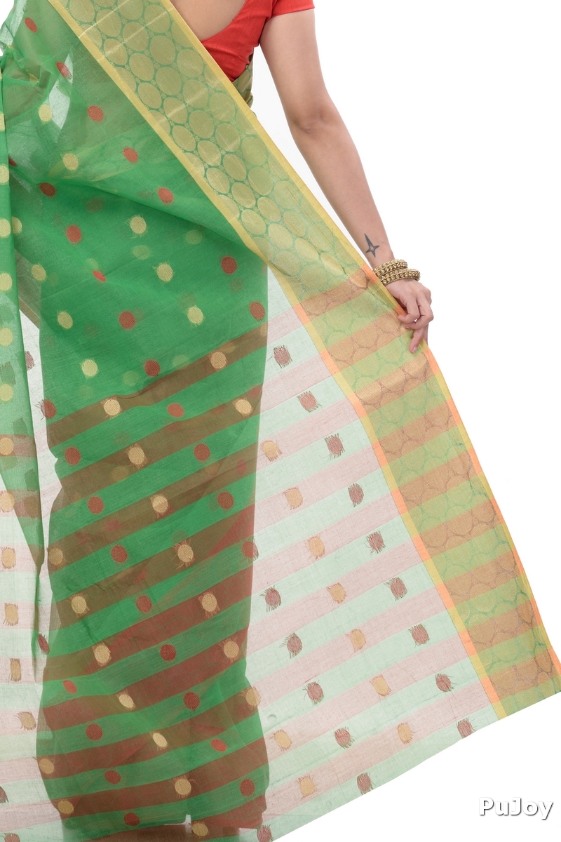 Green Pure Cotton Ganga Jamuna Tant Saree (2558)