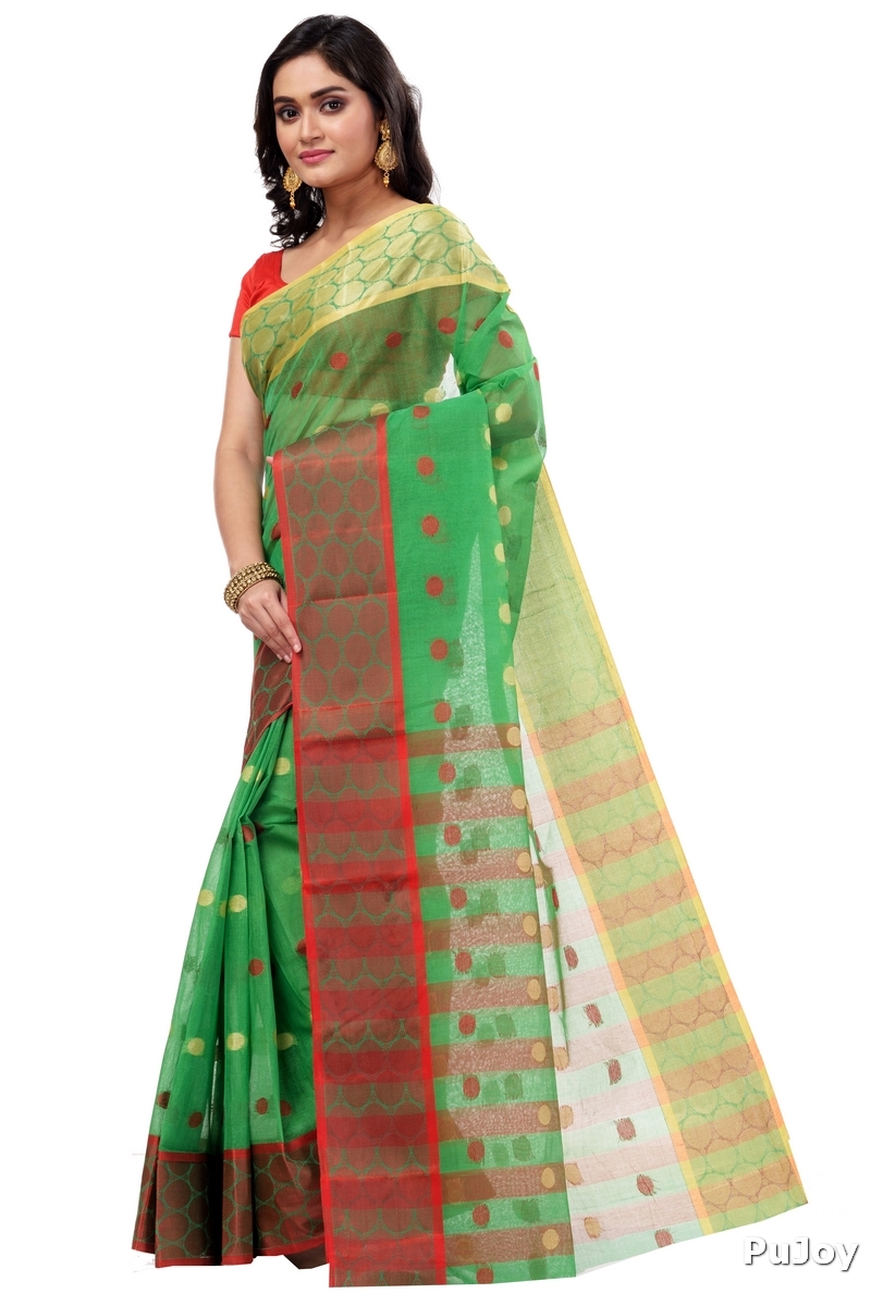 Green Pure Cotton Ganga Jamuna Tant Saree (2558)