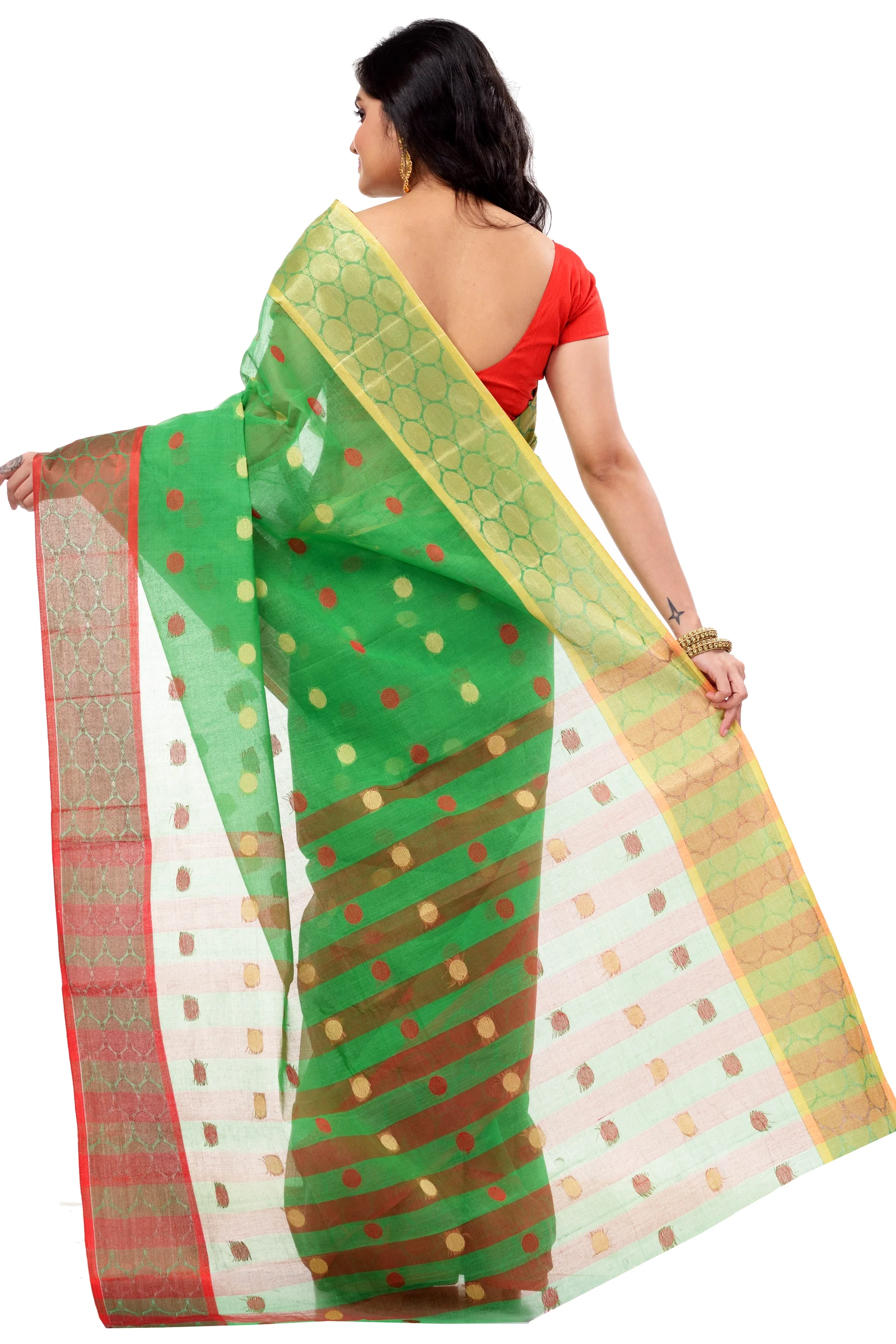 Green Pure Cotton Ganga Jamuna Tant Saree (2558)