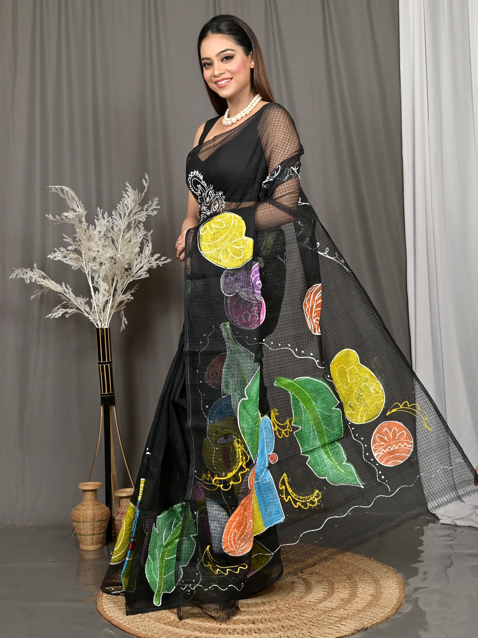 Black Cotton Kotafab Mix Kota Fabric Saree  (26)