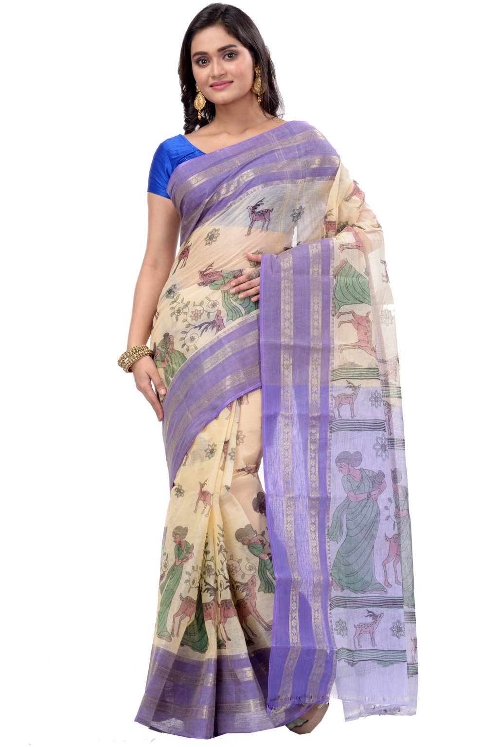 Purple Pure Cotton Sakuntala Tant Saree Print (2645)