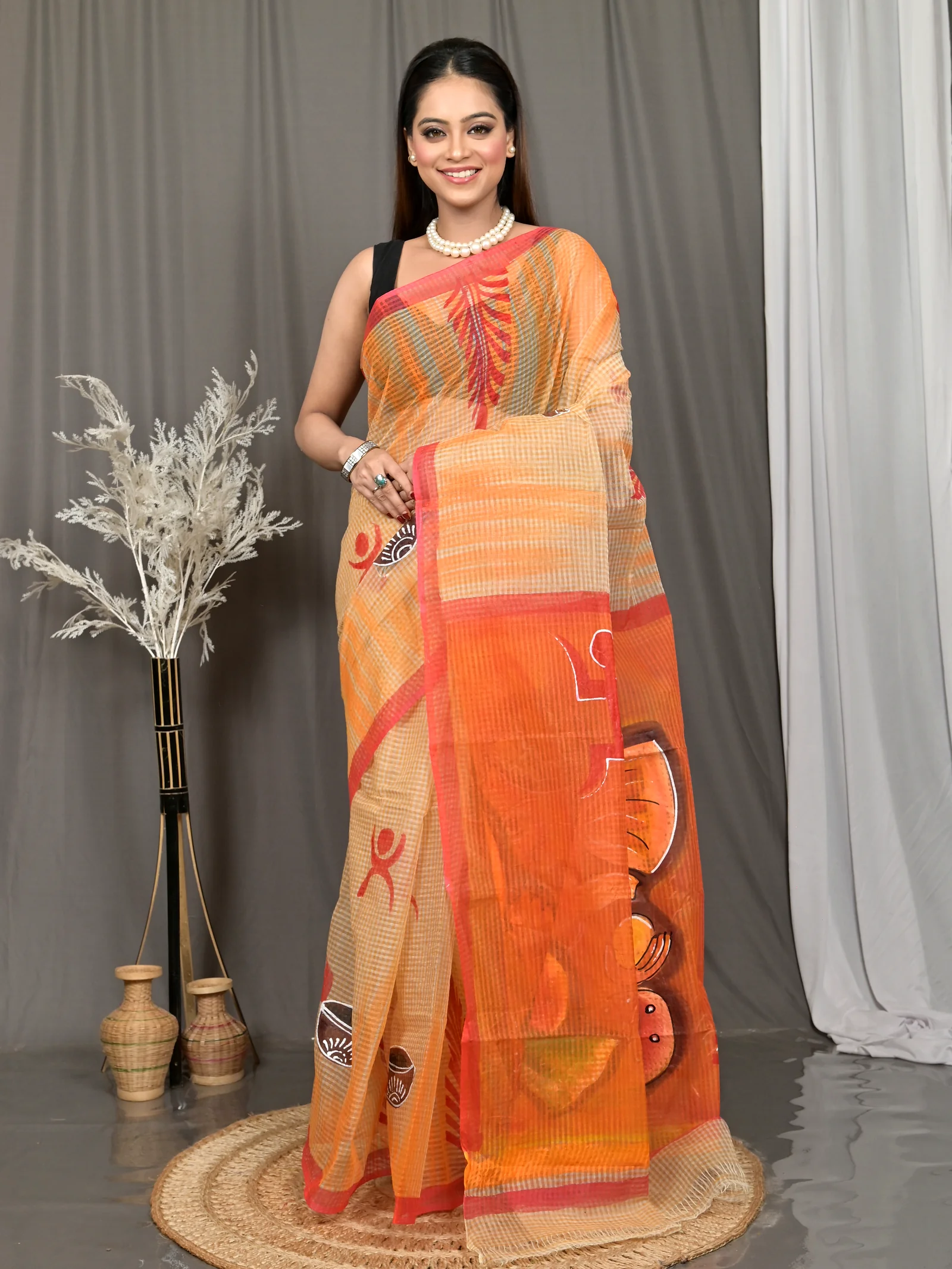 Peach Orange Cotton Kotafab Mix Kota Fabric Saree  (27)