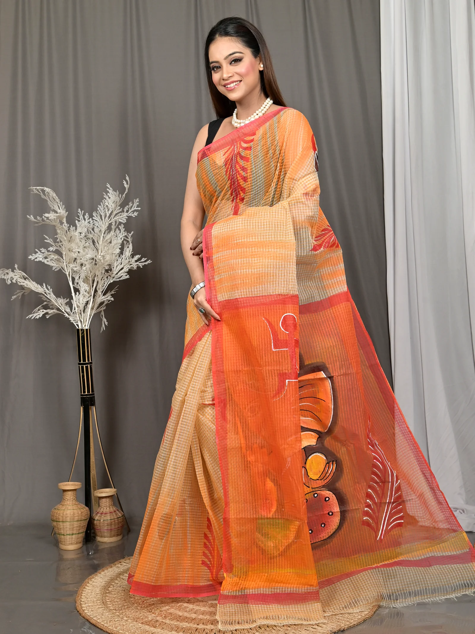 Peach Orange Cotton Kotafab Mix Kota Fabric Saree  (27)
