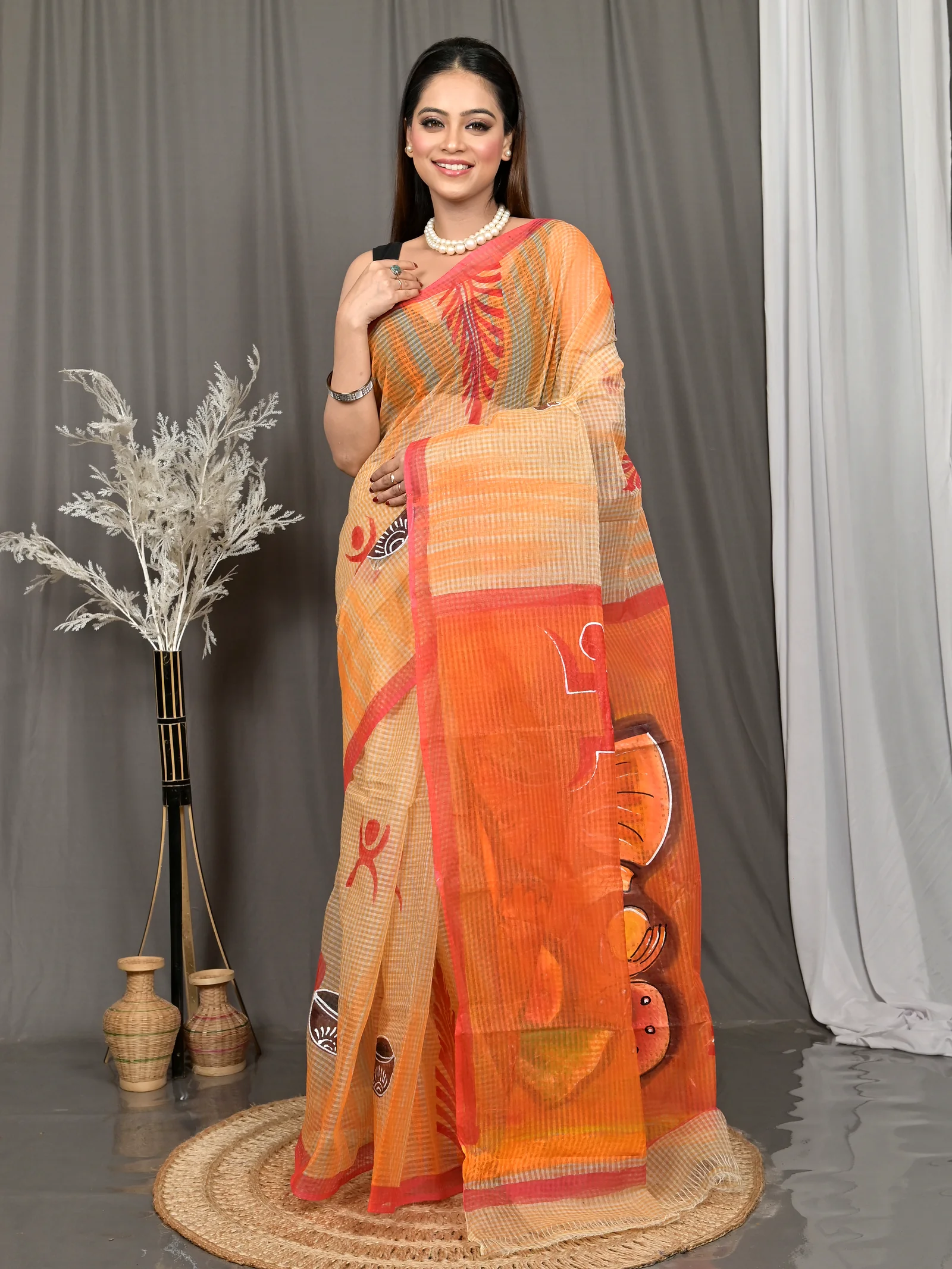 Peach Orange Cotton Kotafab Mix Kota Fabric Saree  (27)