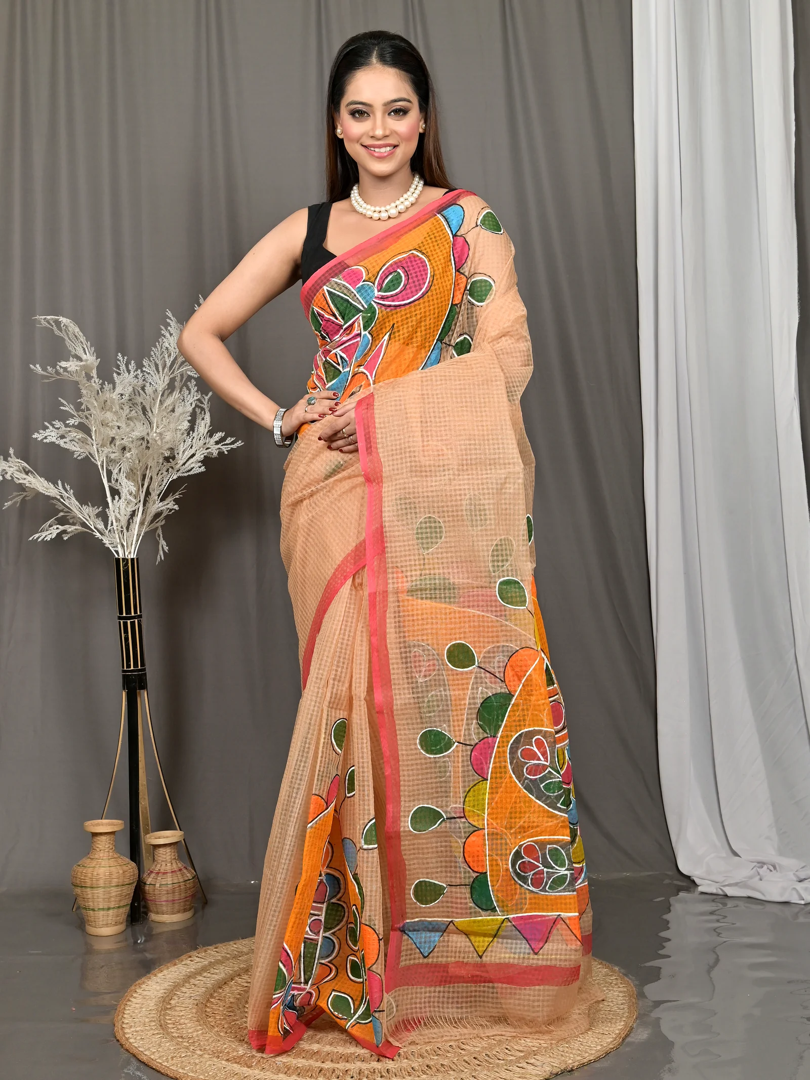 Peach Cotton Kotafab Mix Kota Fabric Saree  (28)