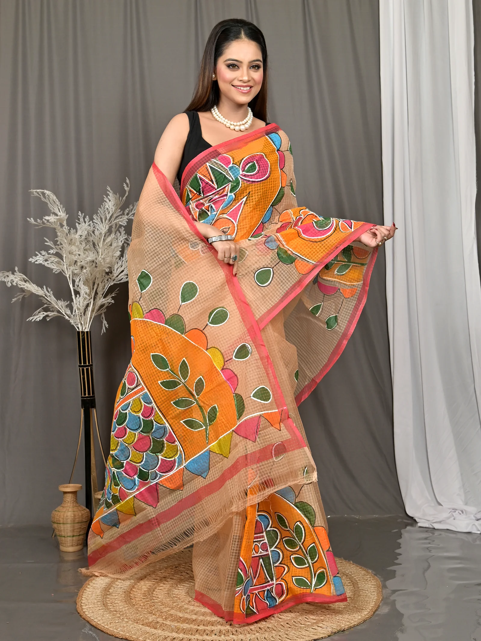 Peach Cotton Kotafab Mix Kota Fabric Saree  (28)