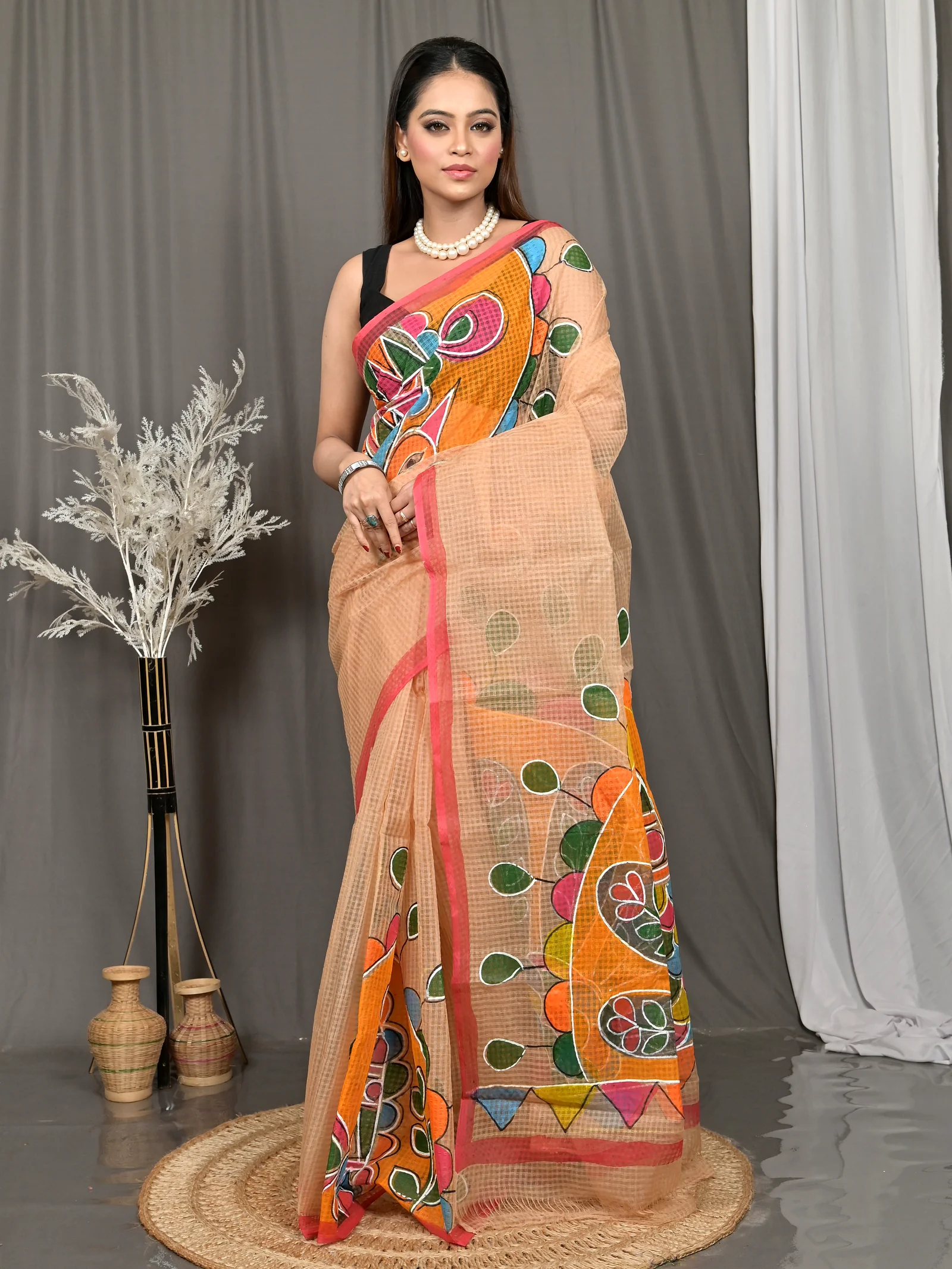 Peach Cotton Kotafab Mix Kota Fabric Saree  (28)