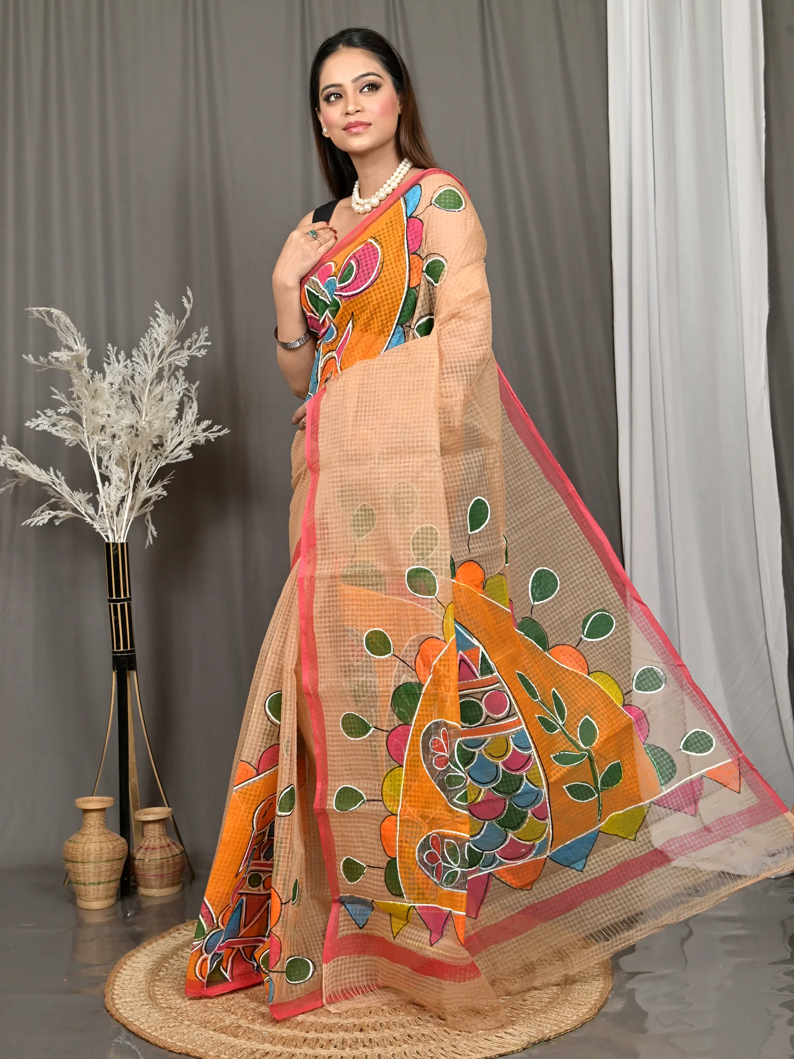Peach Cotton Kotafab Mix Kota Fabric Saree  (28)