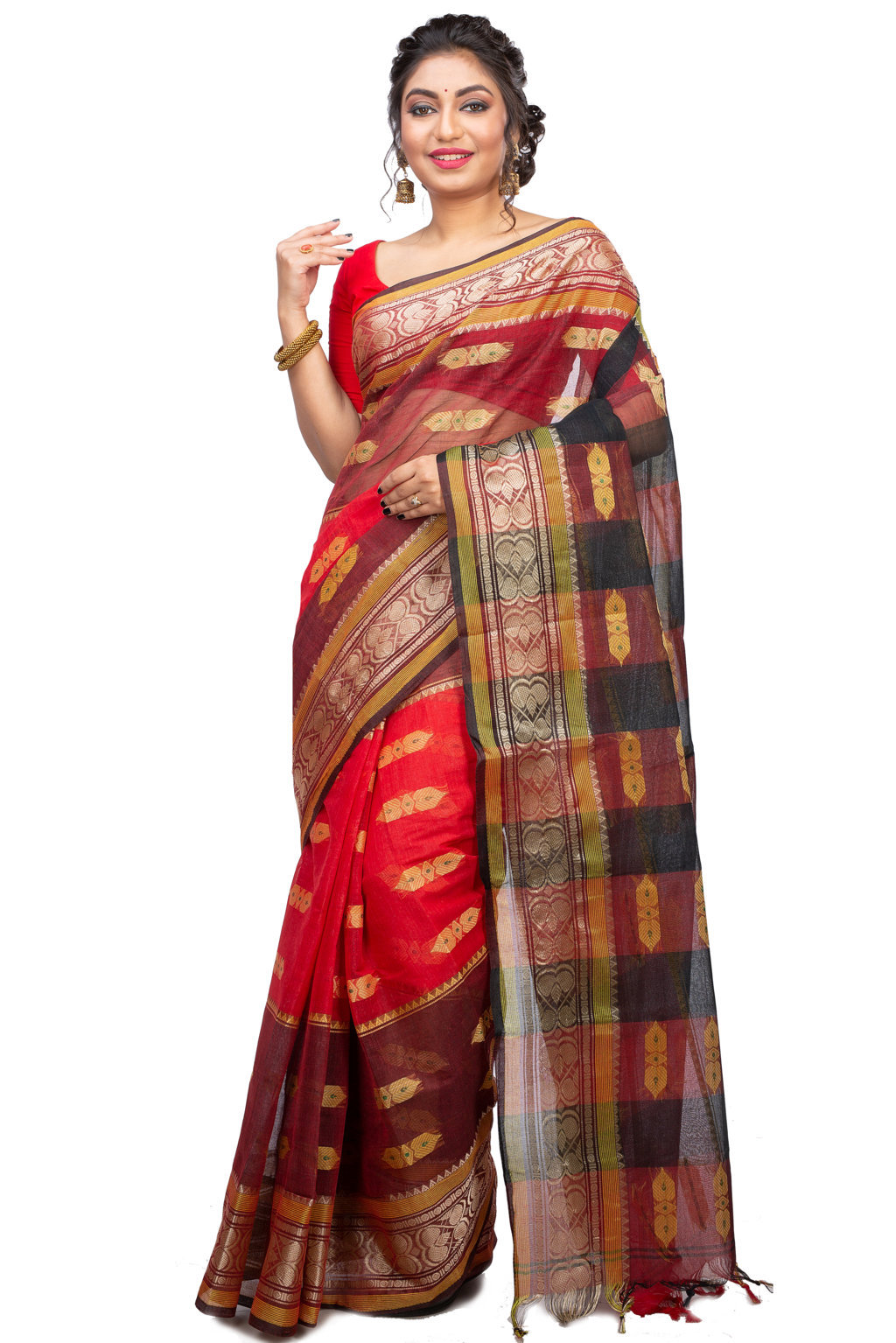 Red Pure Cotton Raj Nandi Desigine Tant Saree (2805)