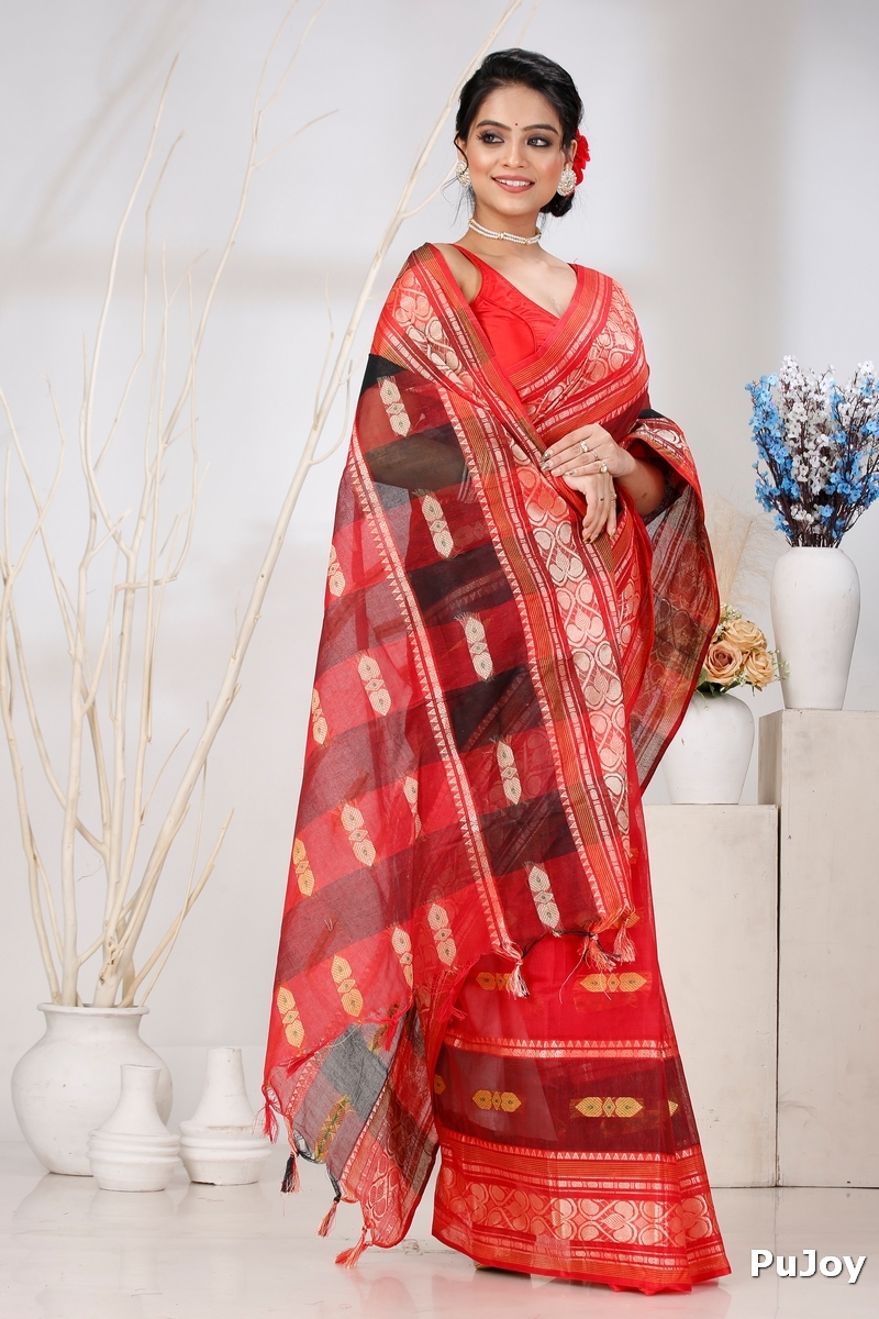 Red Pure Cotton Raj Nandi Desigine Tant Saree (2805)
