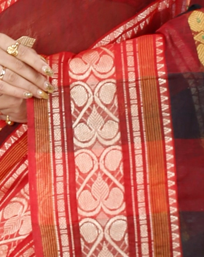 Red Pure Cotton Raj Nandi Desigine Tant Saree (2805)