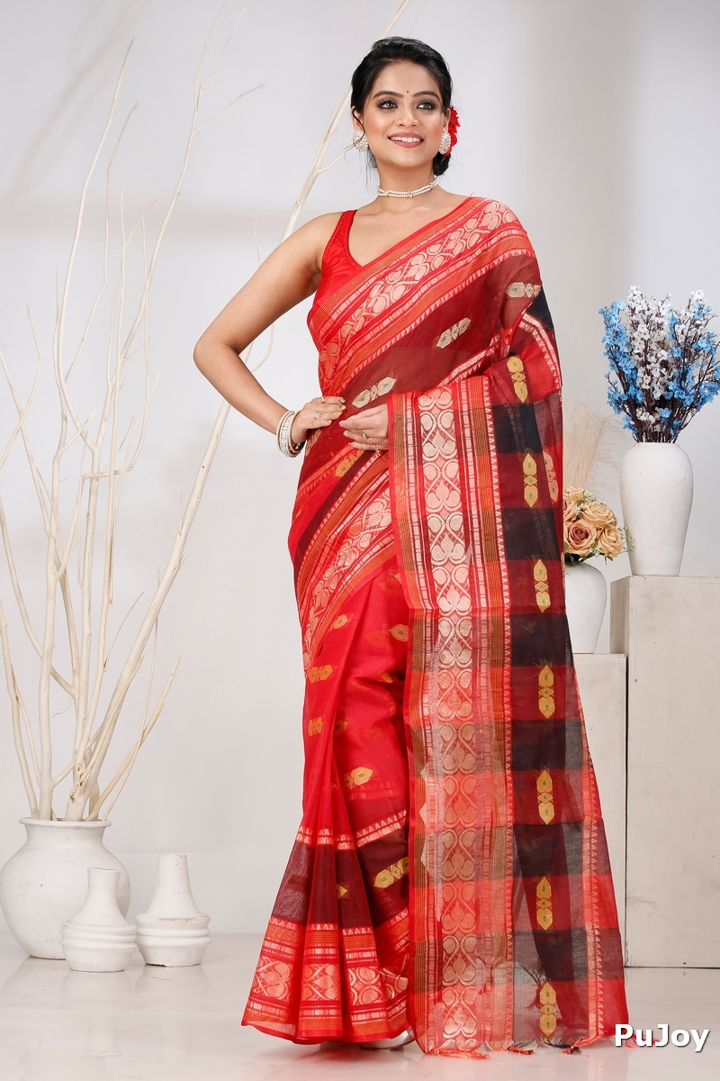 Red Pure Cotton Raj Nandi Desigine Tant Saree (2805)
