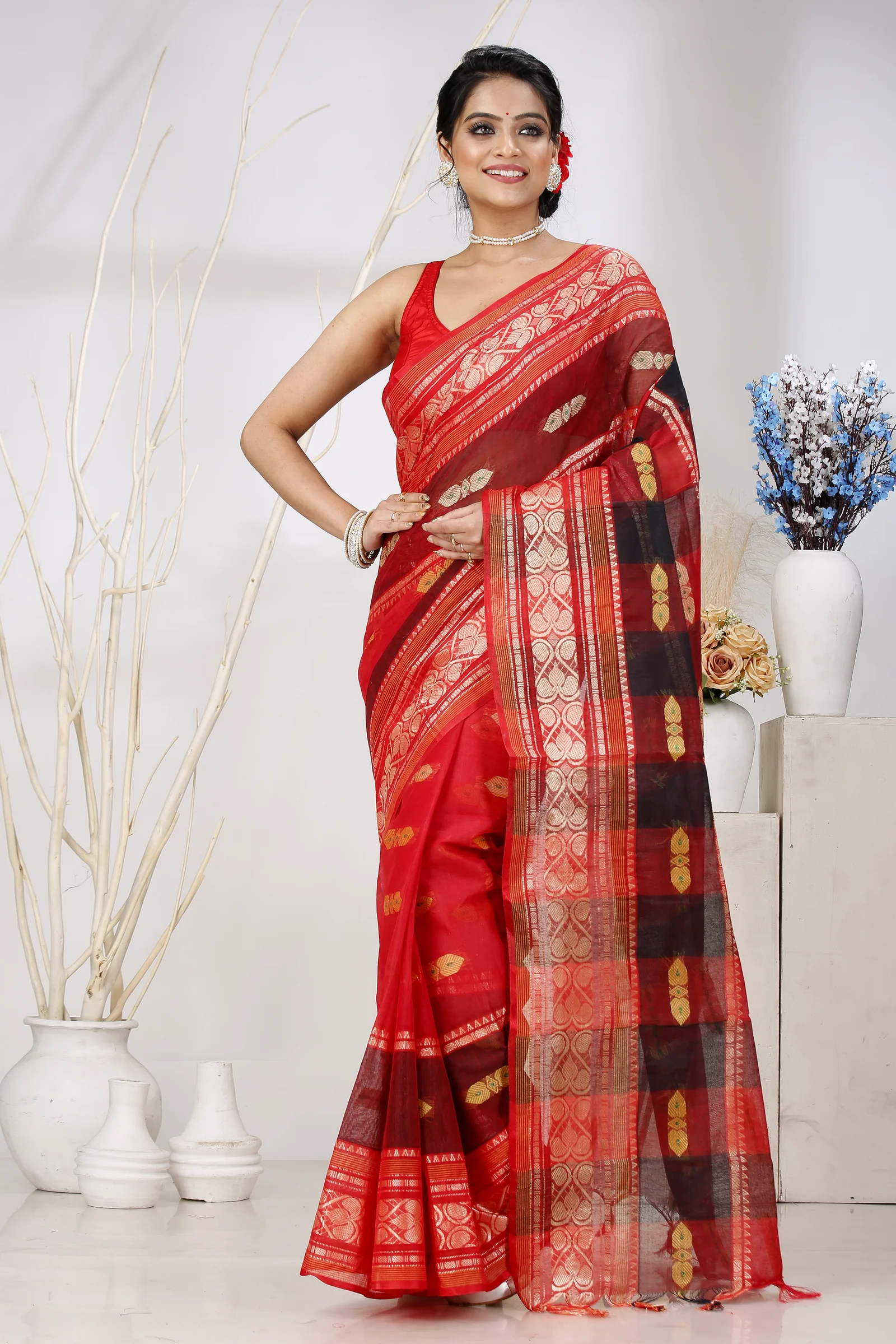 Red Pure Cotton Raj Nandi Desigine Tant Saree (2805)