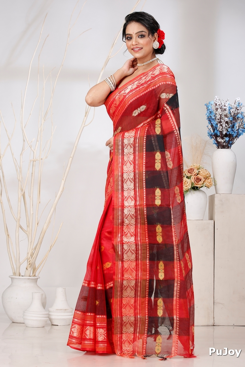 Red Pure Cotton Raj Nandi Desigine Tant Saree (2805)