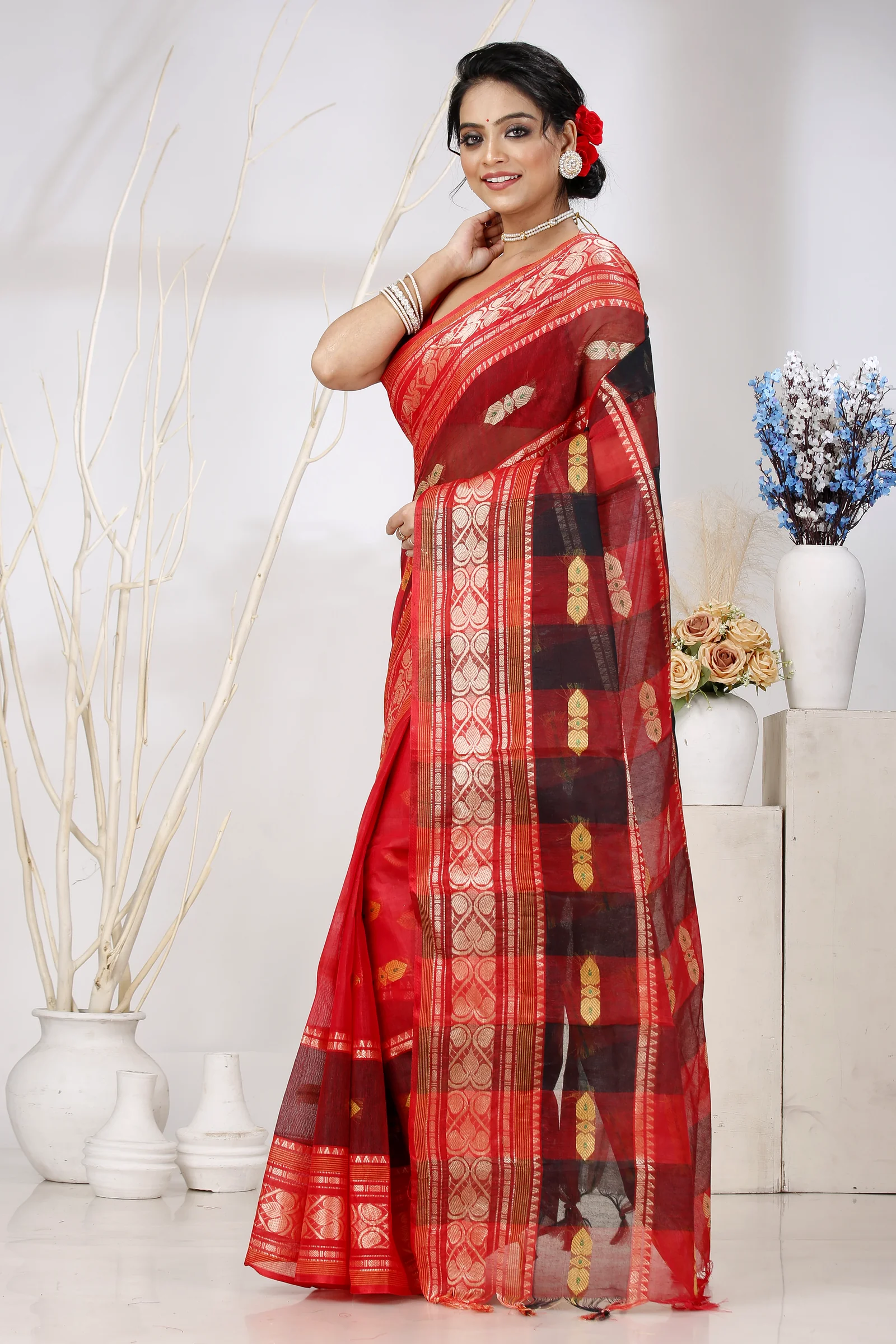 Red Pure Cotton Raj Nandi Desigine Tant Saree (2805)