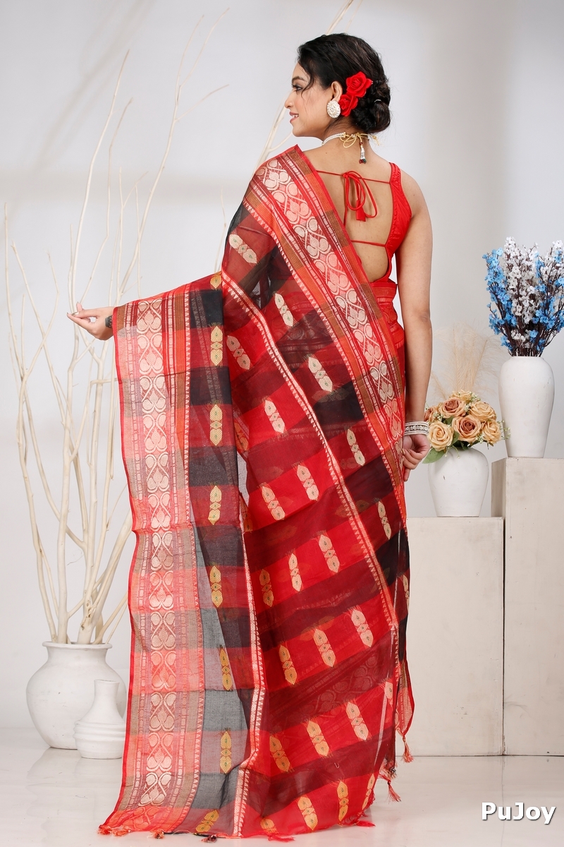 Red Pure Cotton Raj Nandi Desigine Tant Saree (2805)