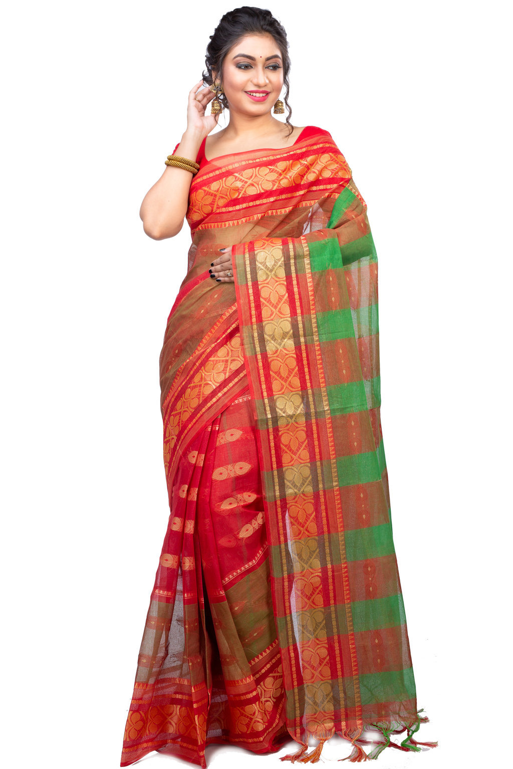 Red Green Pure Cotton Raj Nandi Desigine Tant Saree (2806)