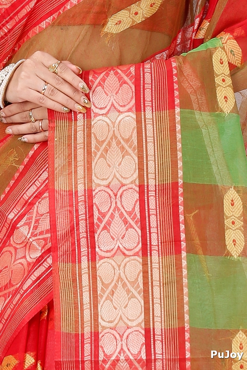 Red Green Pure Cotton Raj Nandi Desigine Tant Saree (2806)