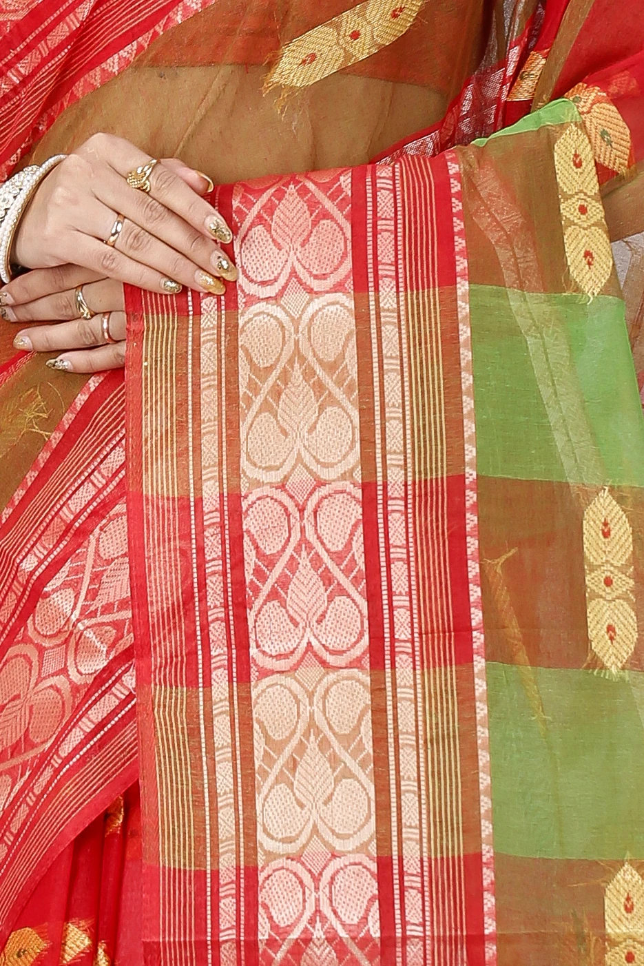 Red Green Pure Cotton Raj Nandi Desigine Tant Saree (2806)
