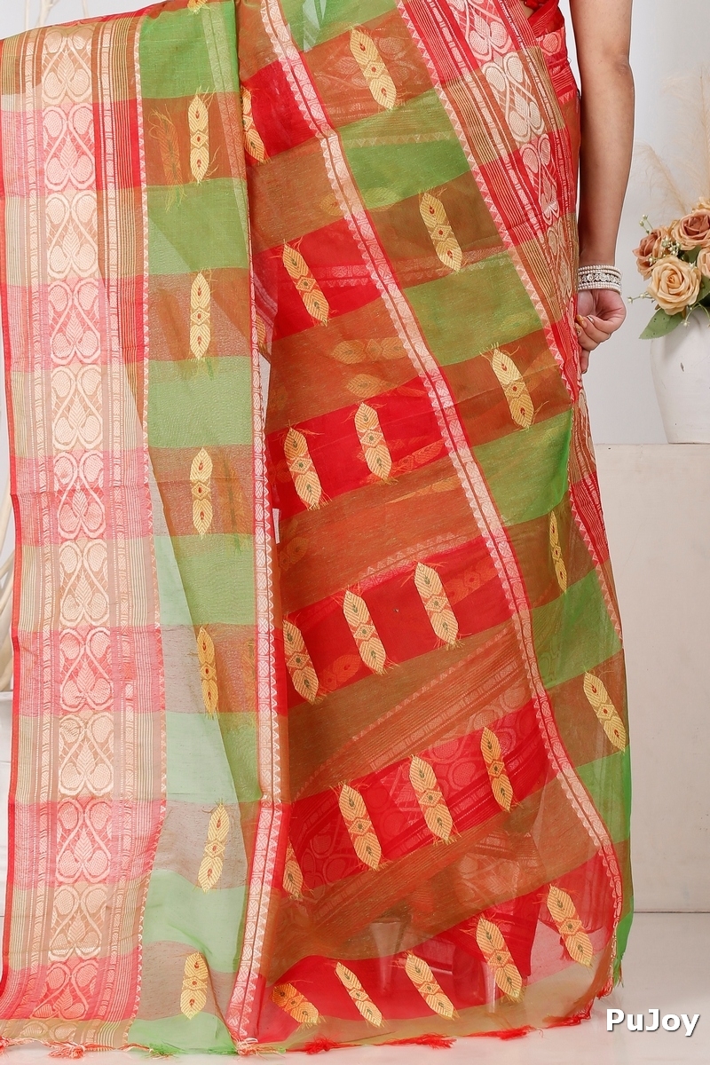 Red Green Pure Cotton Raj Nandi Desigine Tant Saree (2806)