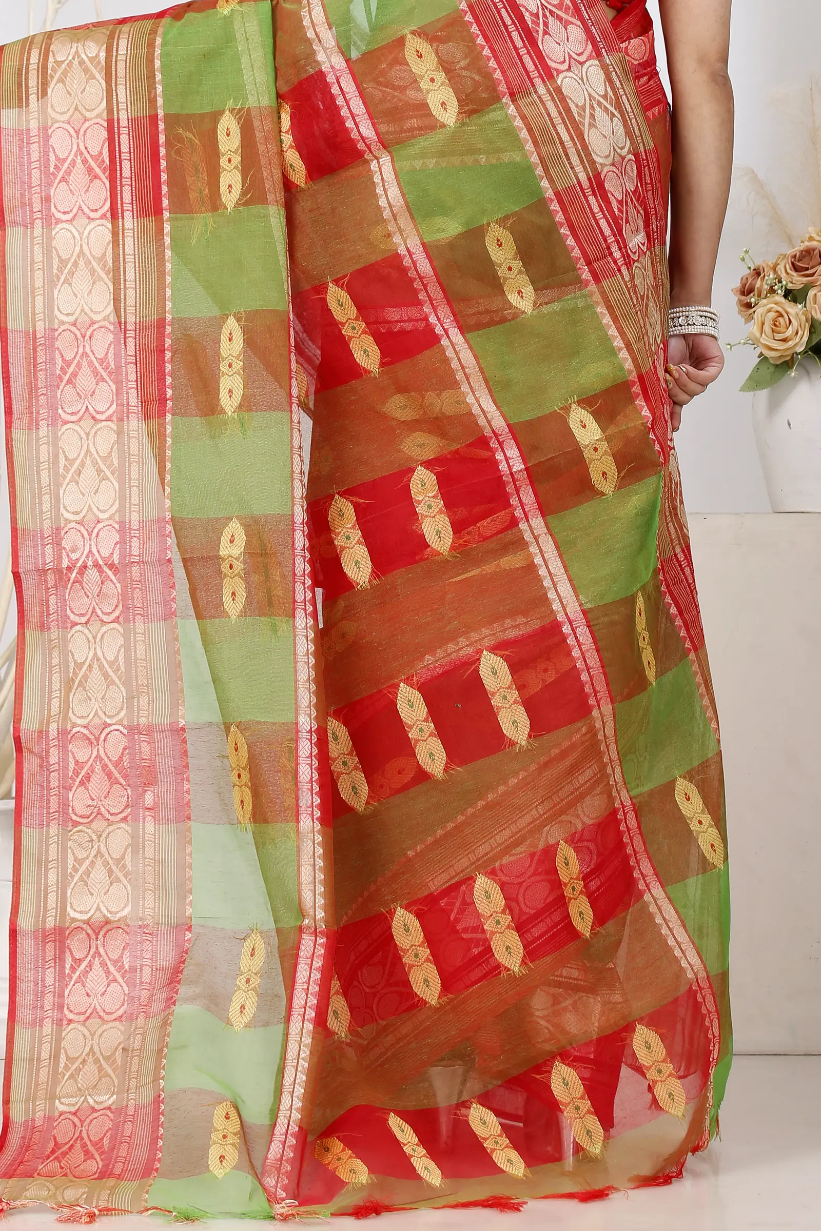 Red Green Pure Cotton Raj Nandi Desigine Tant Saree (2806)