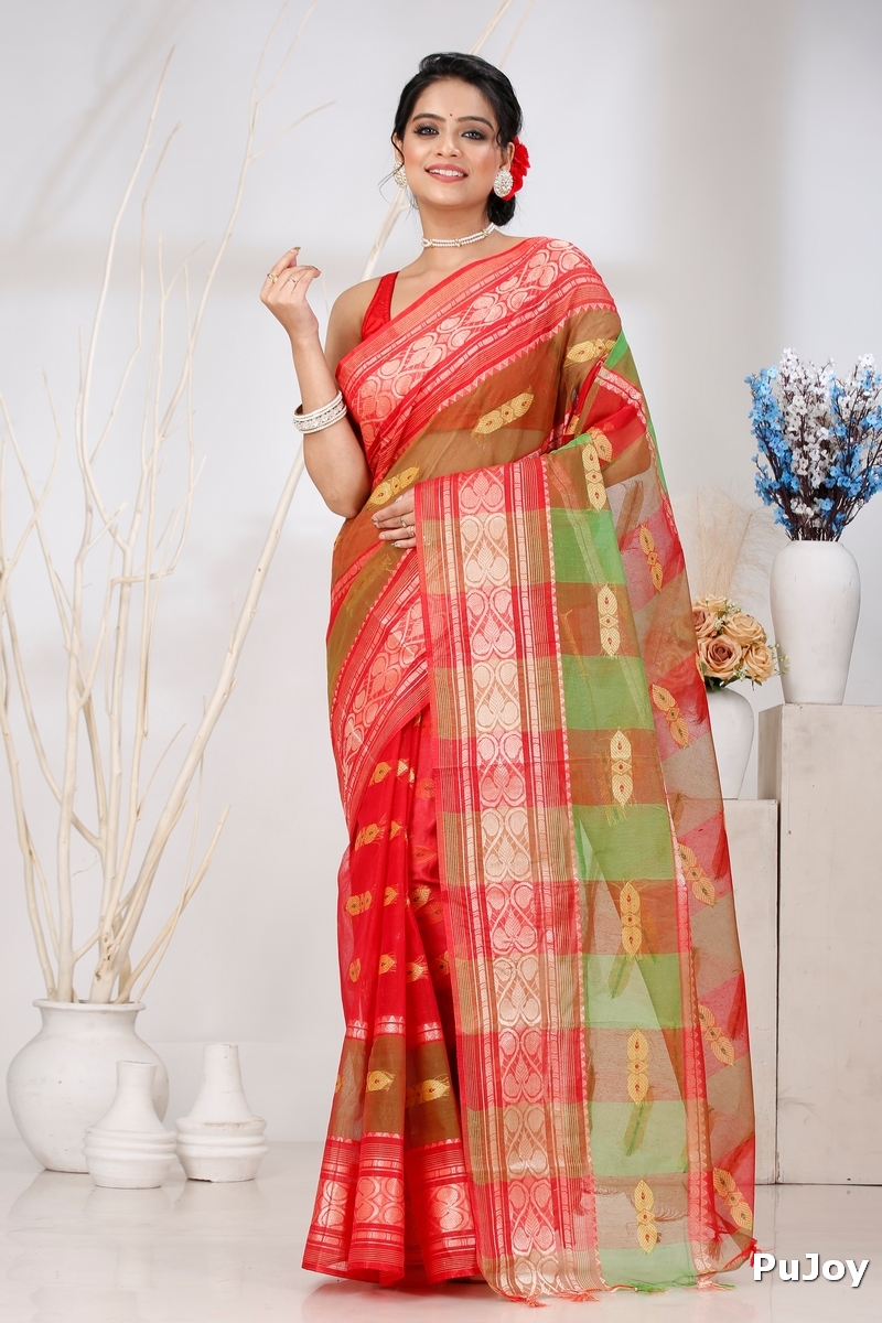 Red Green Pure Cotton Raj Nandi Desigine Tant Saree (2806)