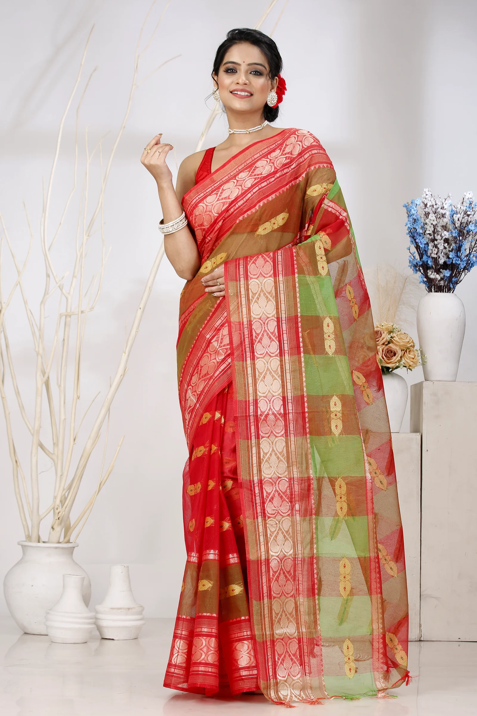 Red Green Pure Cotton Raj Nandi Desigine Tant Saree (2806)