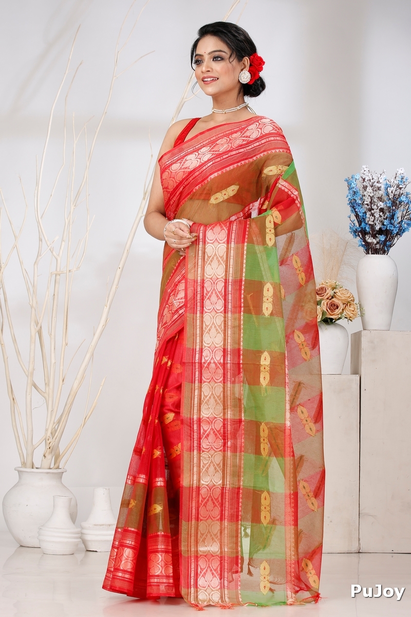 Red Green Pure Cotton Raj Nandi Desigine Tant Saree (2806)