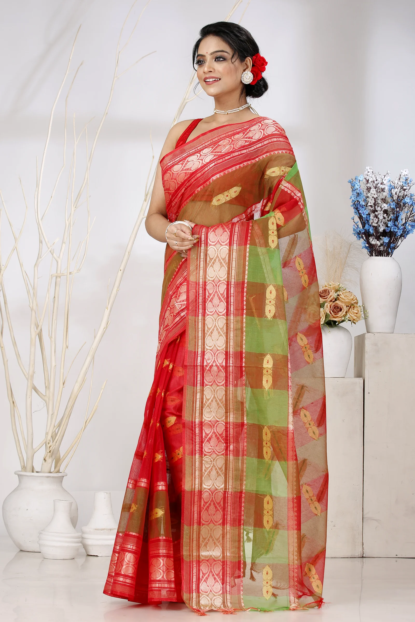 Red Green Pure Cotton Raj Nandi Desigine Tant Saree (2806)