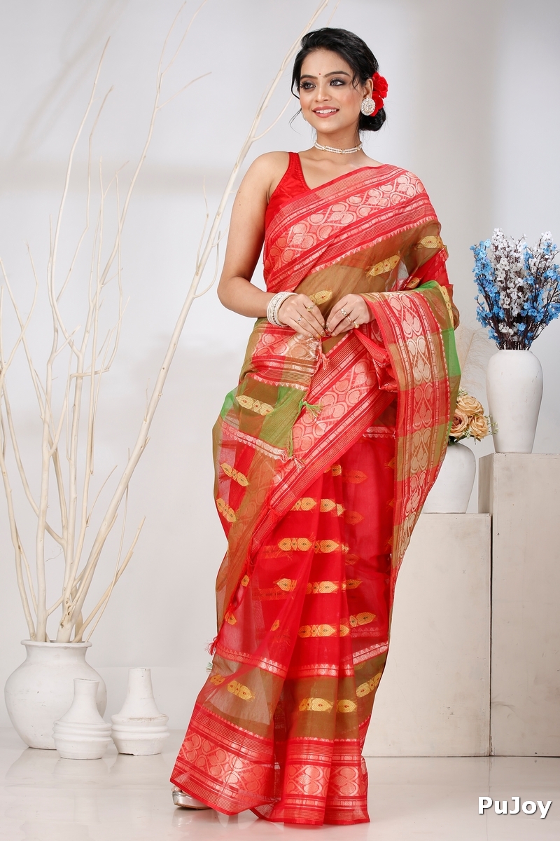 Red Green Pure Cotton Raj Nandi Desigine Tant Saree (2806)