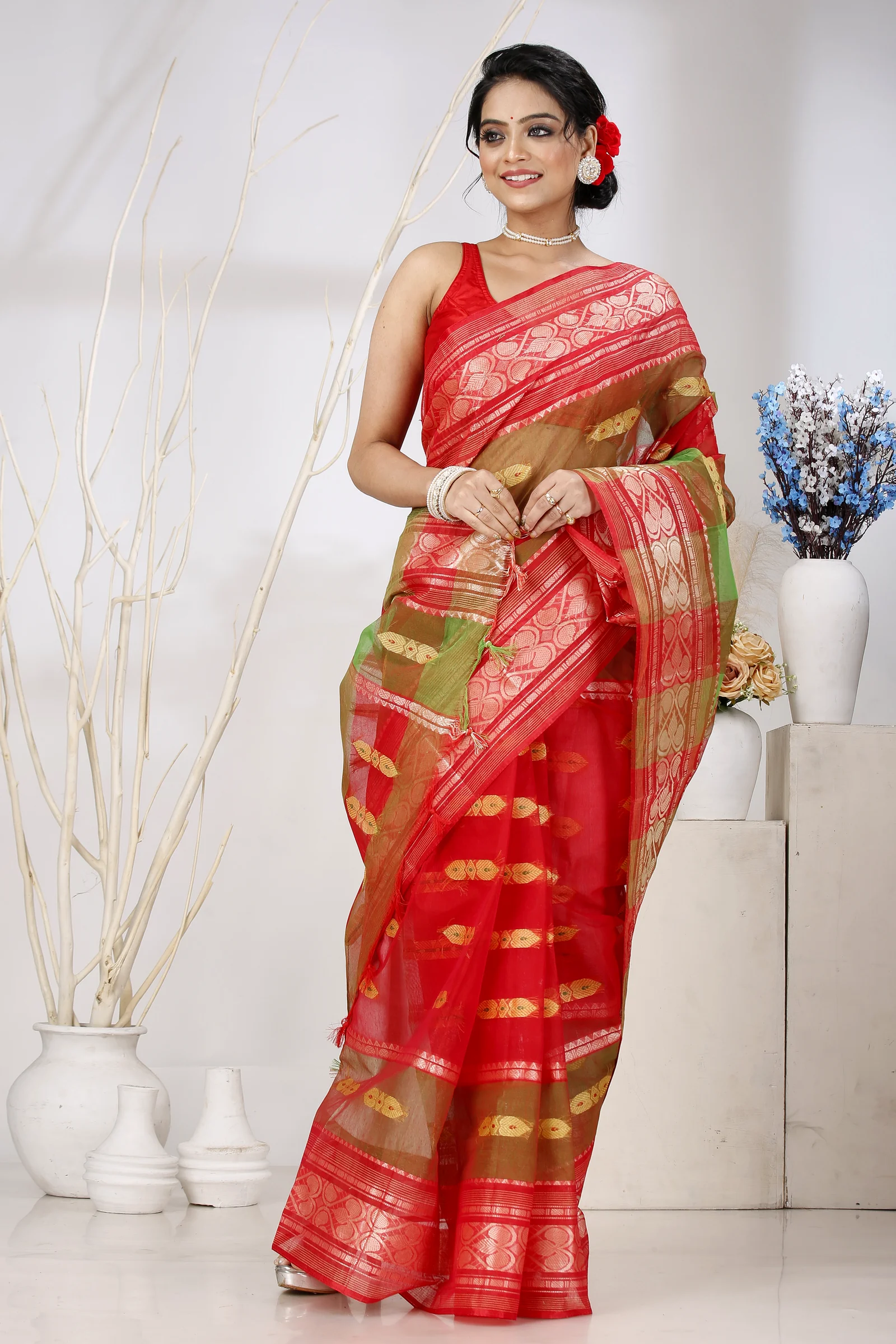 Red Green Pure Cotton Raj Nandi Desigine Tant Saree (2806)