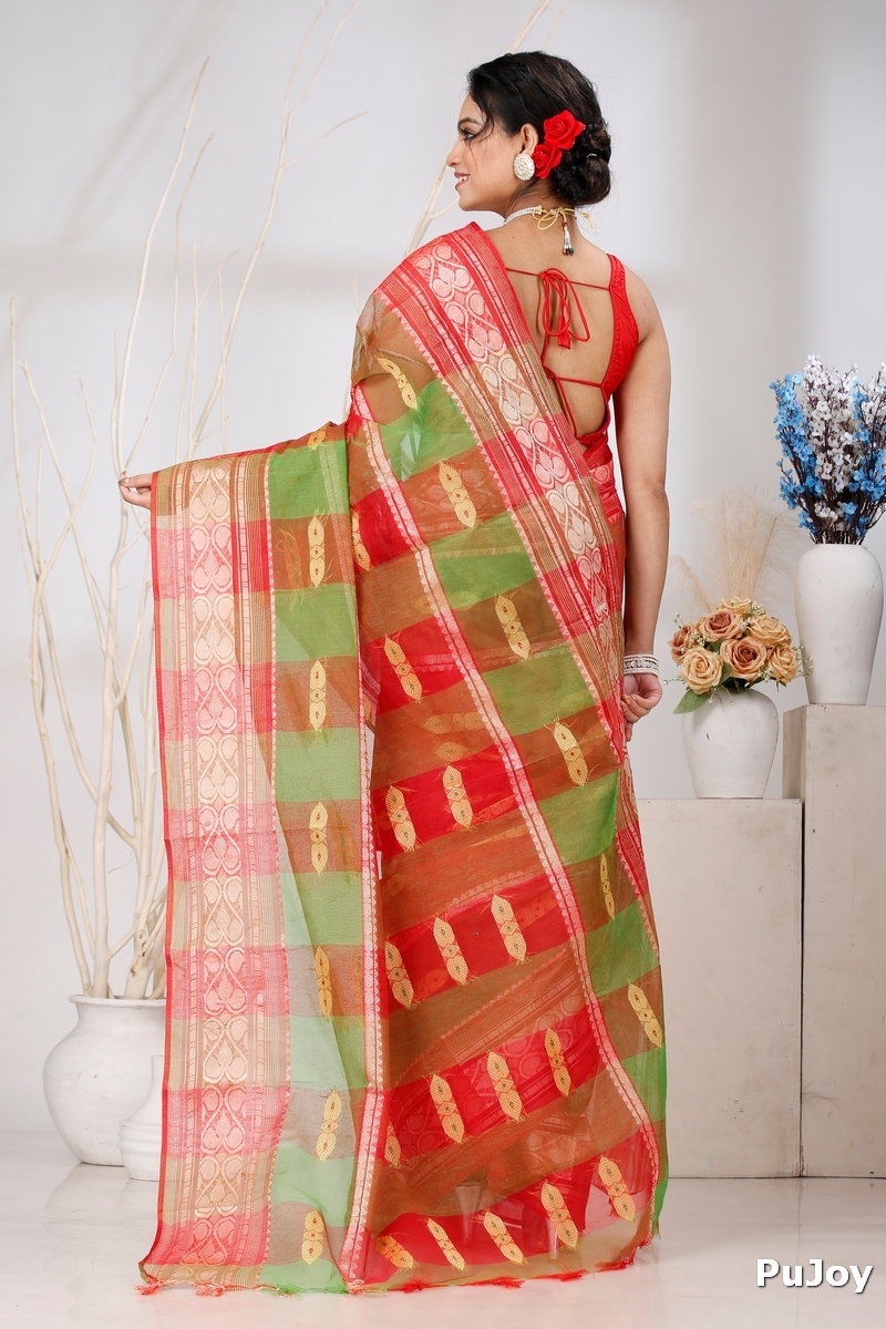 Red Green Pure Cotton Raj Nandi Desigine Tant Saree (2806)