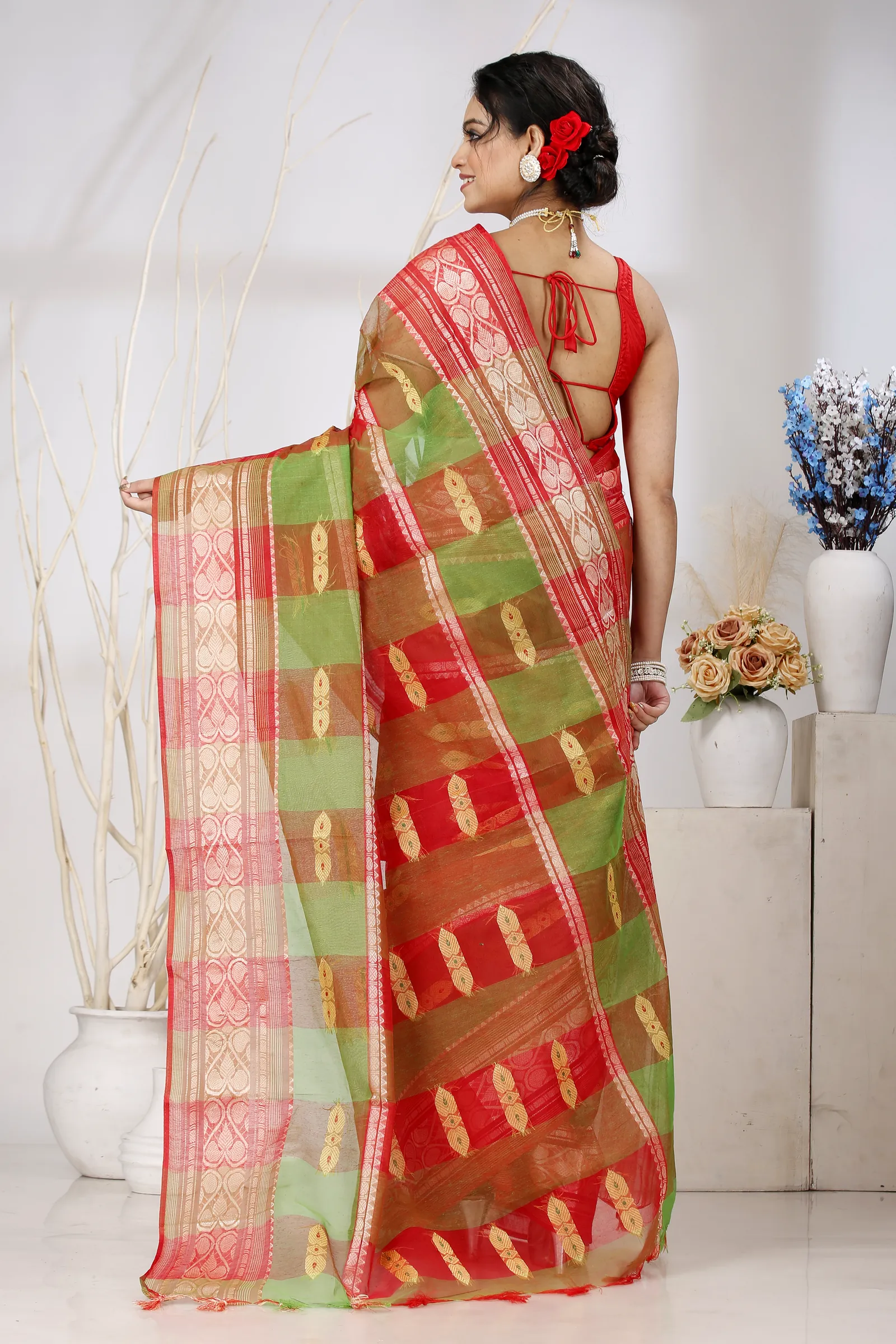 Red Green Pure Cotton Raj Nandi Desigine Tant Saree (2806)